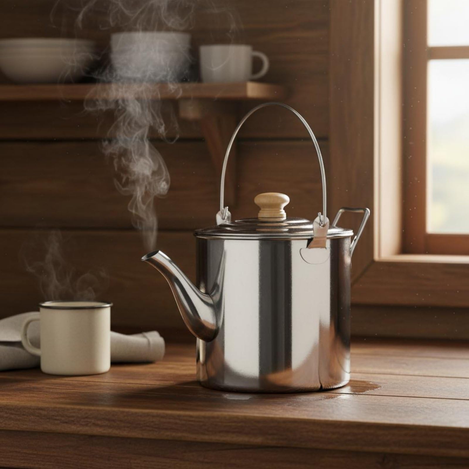 Gralara Tetera de Camping Tetera Hervidor Olla Cafetera con Cuerpo de Acero Inoxidable y Perilla de Madera Antitérmica Largo Que Evita Buena Retención de, 3L