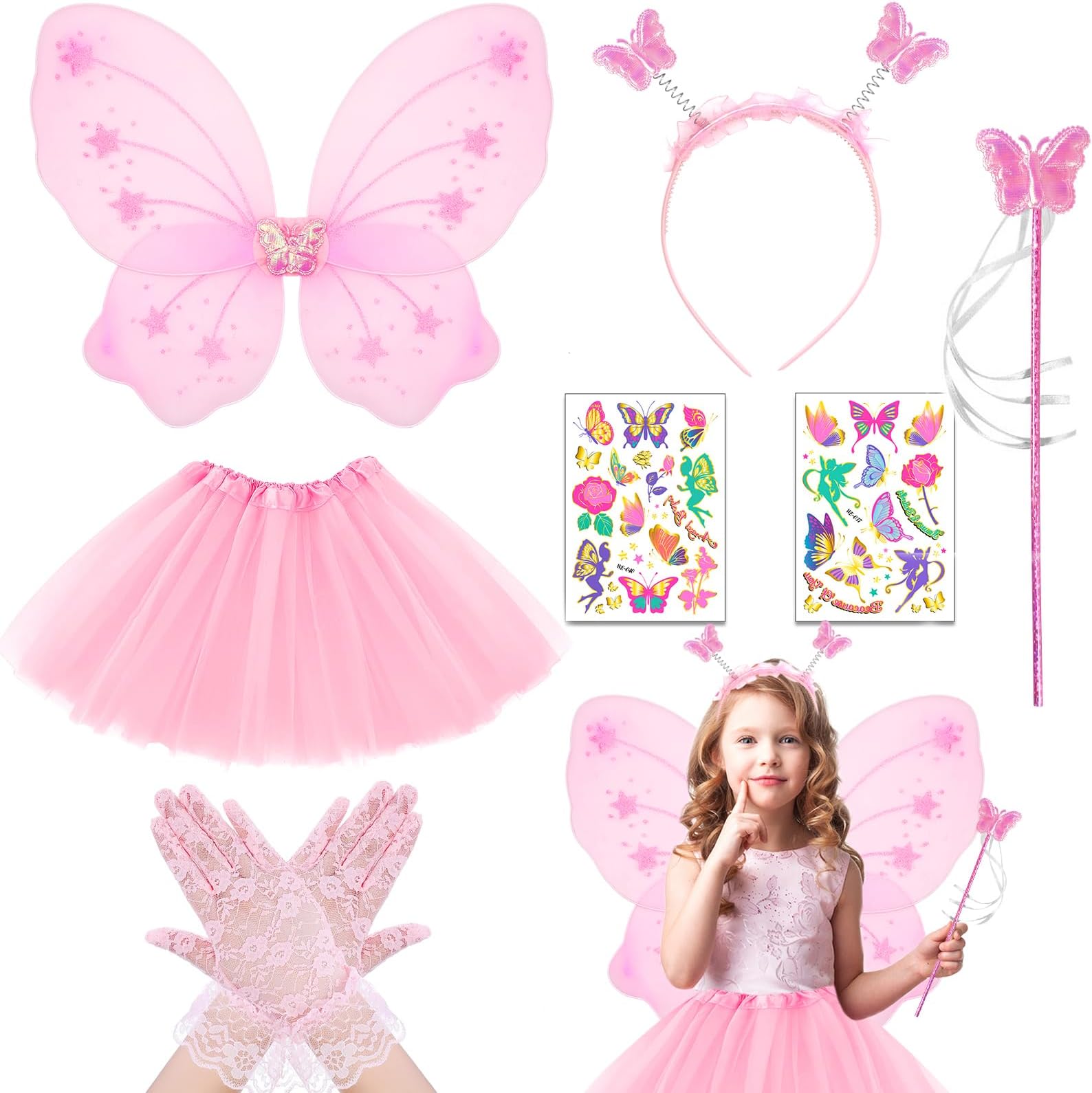 Acehome6 Pcs Wing Costume Set, Halloween Fancy Dress Fairy Cosplay with Tutu Skirt Wing Headband for Carnival Halloween Party Supplies-Pink