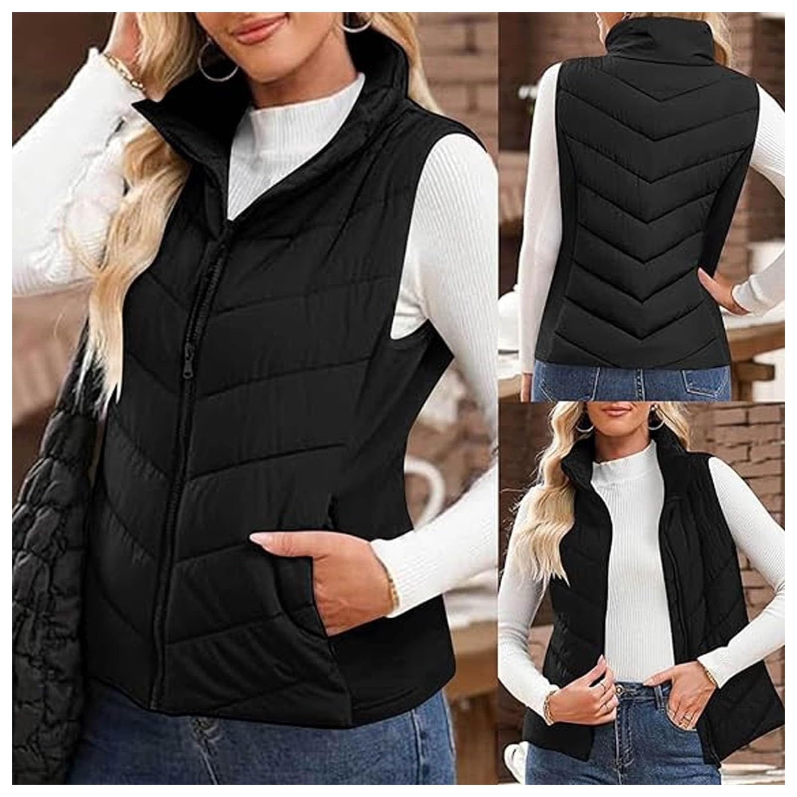 Holdretain - Chaleco acolchado para mujer, sin mangas, con cremallera, acogedor, ligero, cuello alto, chaqueta acolchada