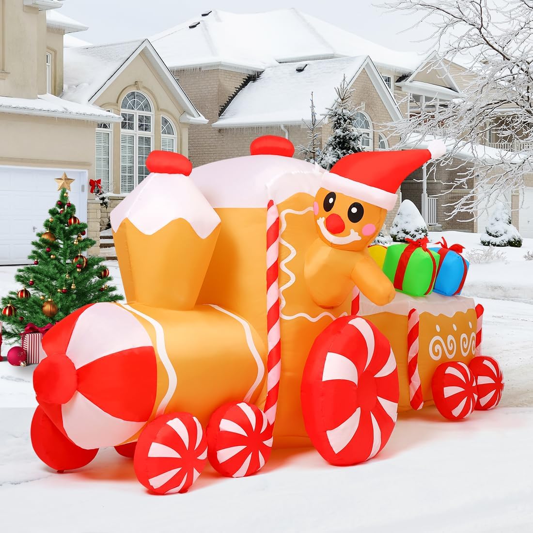 COMIN 9 FT Christmas Inflatables Outdoor Decoration Inflatable Gingerbread Man Train Blow Ups with Built-in LEDs for Indoor Yard Garden Lawn Decor