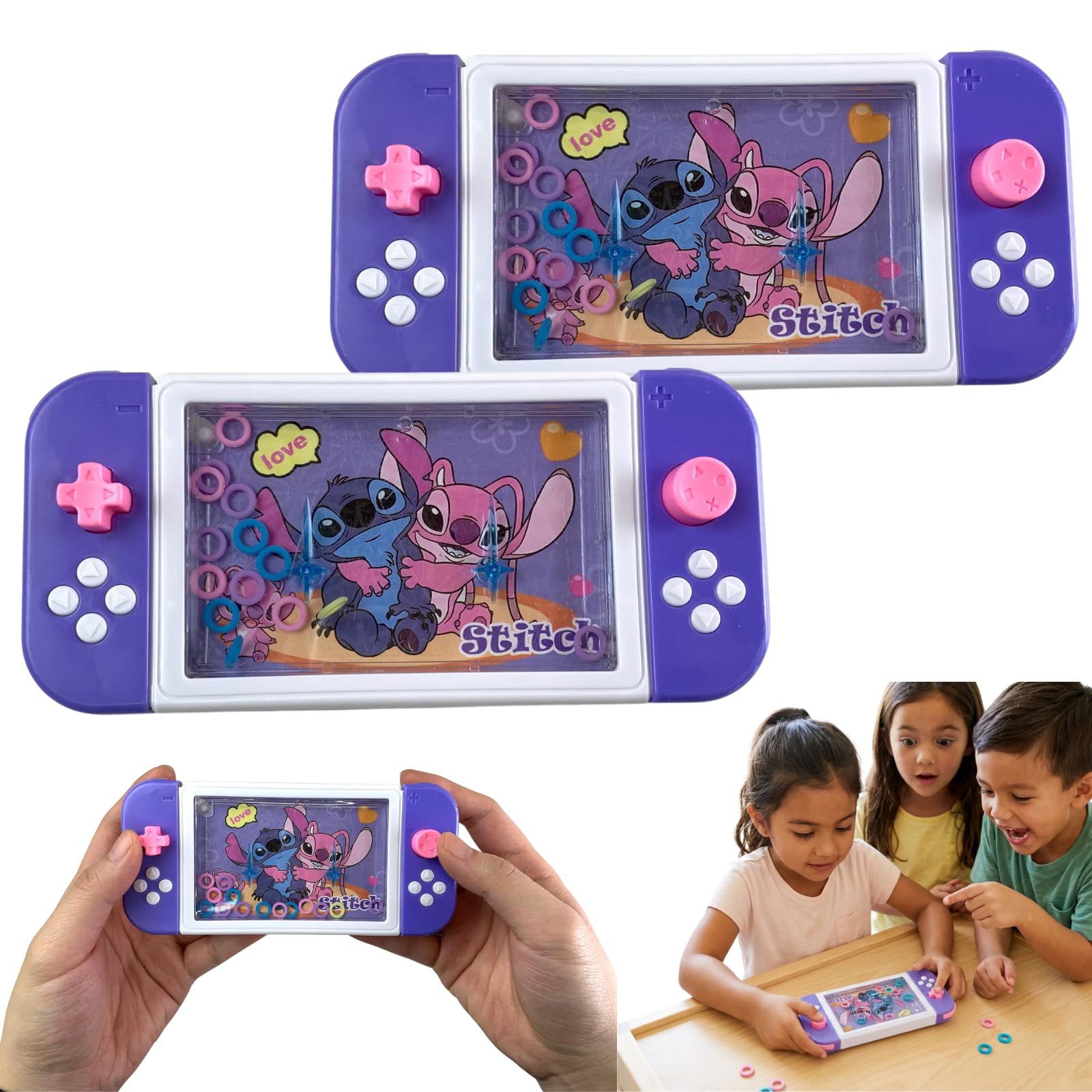 SRV Hub Disney Stitch Water Ring Game 2 Pack for Kids 3+, Portable Handheld Travel Toy, Retro Push-Button Sensory Game, Party Bag Filler, Screen-Free Fun - 15cm โ image 1