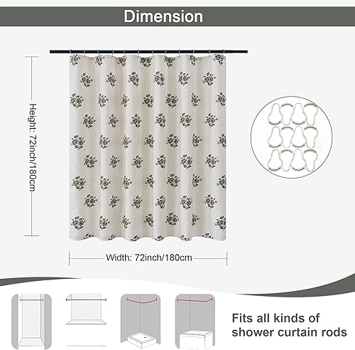 Miniatura 3 de ORTIGIA Cortinas de ducha de lino verde para baño, juego de cortinas de ducha neutrales con ganchos de metal, impermeable, estética, tela retro,