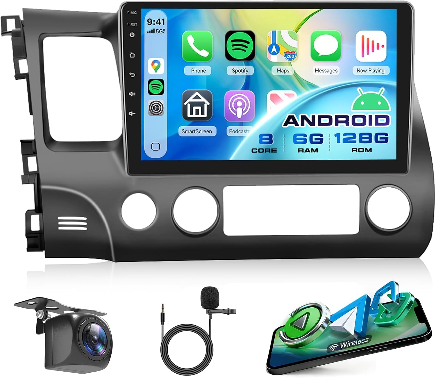 Rimoody 4G+64G Android Car Radio for Honda Civic 2006-2011, Car Stereo with Wireless Carplay and Android Auto GPS 5G-WiFi Bluetooth 5.0 10.1 Inch Touchscreen FM/RDS EQ SWC Backup Camera