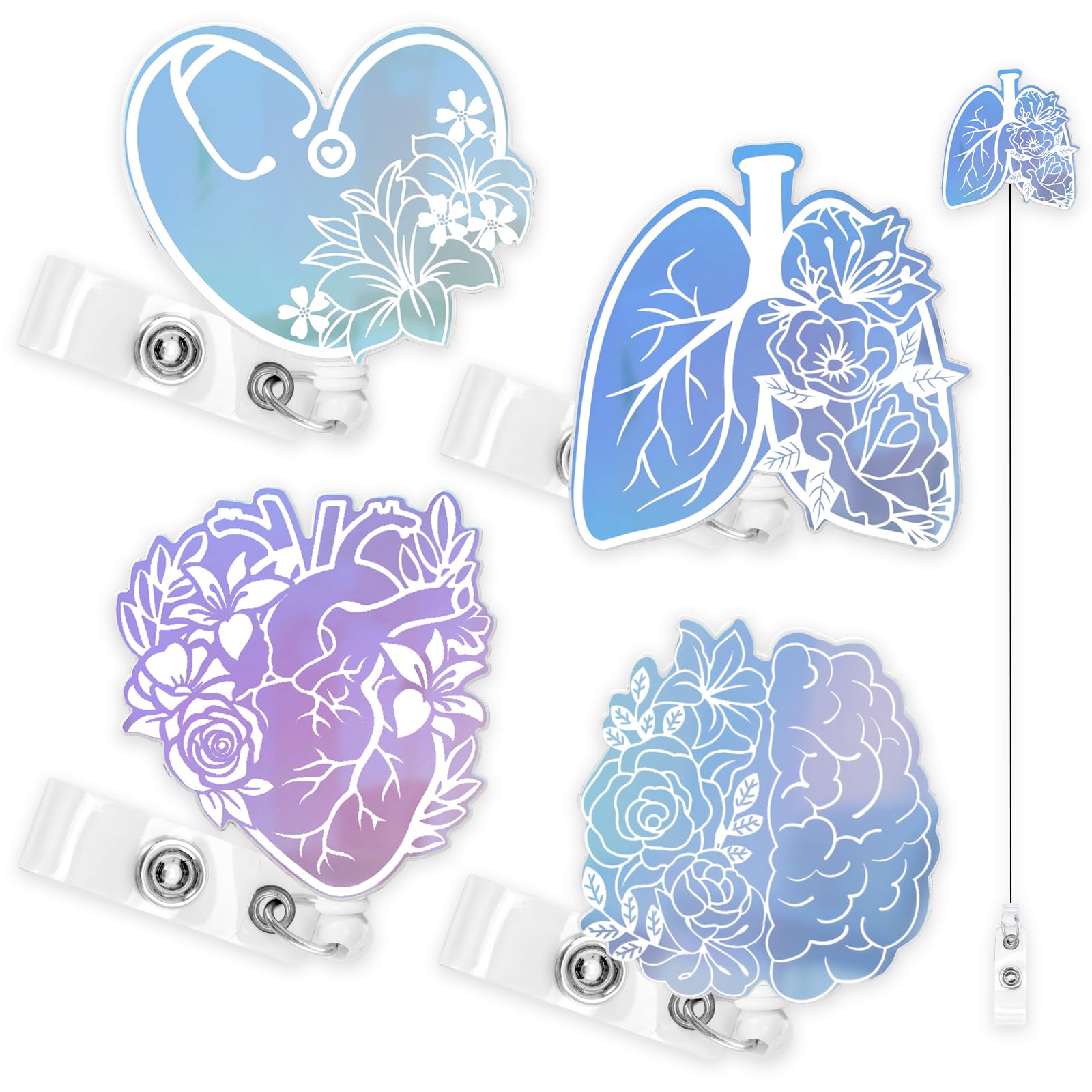Nurse Badge Reels 4PCS Retractable Badge Holders with Alligator Clip Iridescent Heart Brain Patterns Holographic Style Cute Badge Reels for RN Nurse Doctor Student Nursing Graduation Appreciation Gift