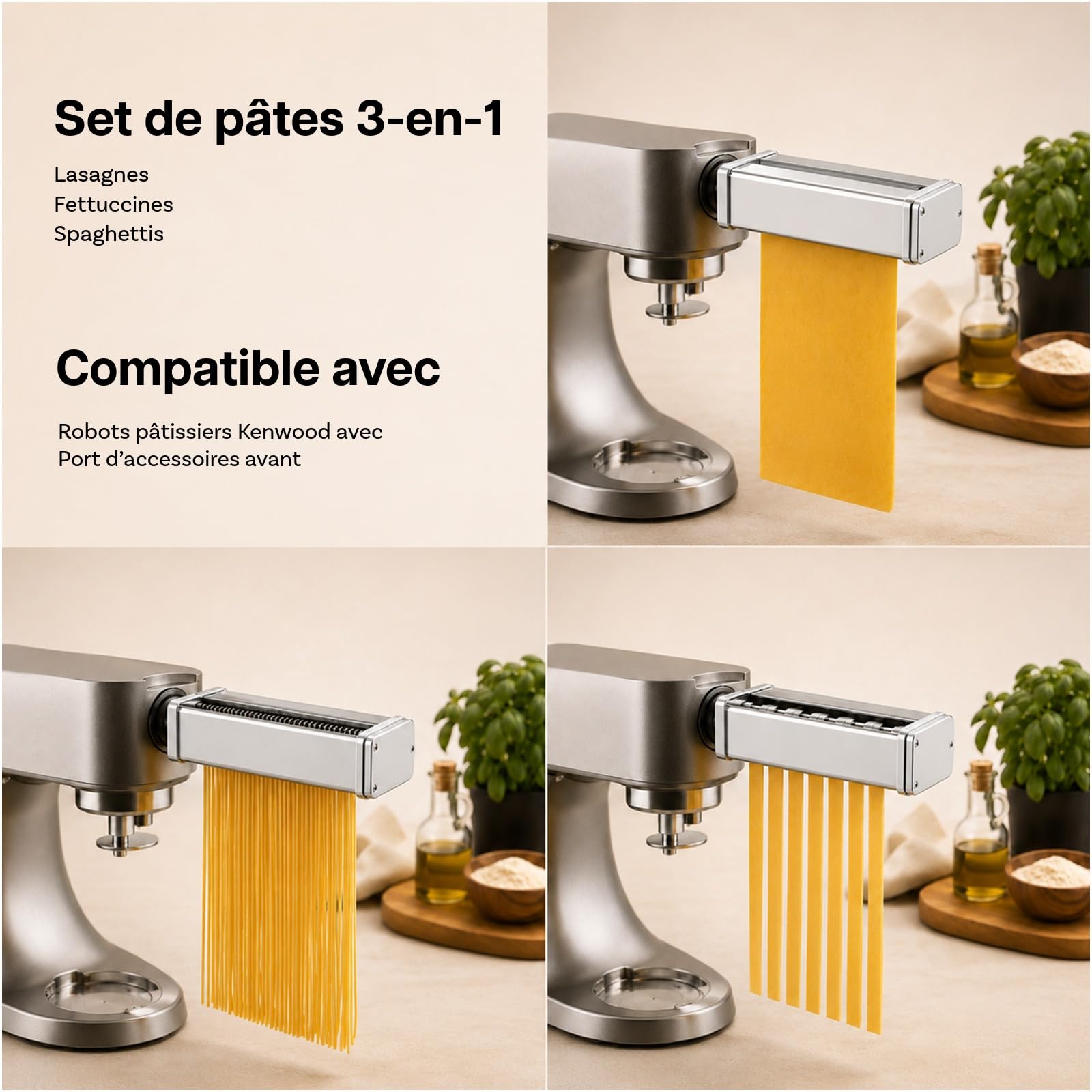 Accessoire à Pâtes pour Kenwood 3 pcs – Pour Robots Pâtissiers, Rouleau à Pâtes, Coupe-Spaghetti & Coupe-Fettuccine – Accessoires en Acier Inoxydable Avec Adaptateur Inclus par MMOBIEL