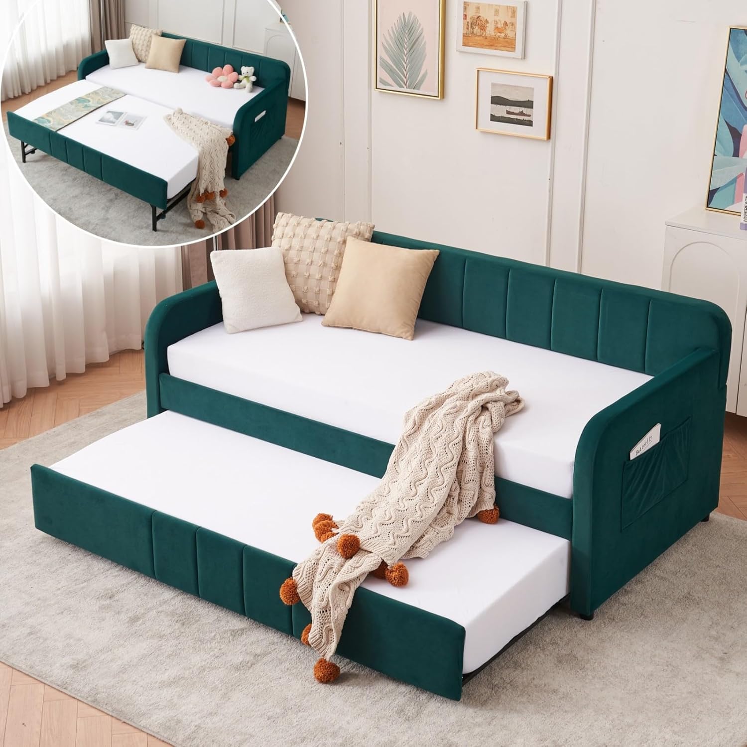 KEIKI Twin Velvet Corner Daybed with Liftable Trundle, USB Charging, Pockets, Converts to King Size, Upholstered Headboard Captain Sofa Day Bed Frames for Small Room, Bedroom, Kids' Room, Emerald Emerald Twin