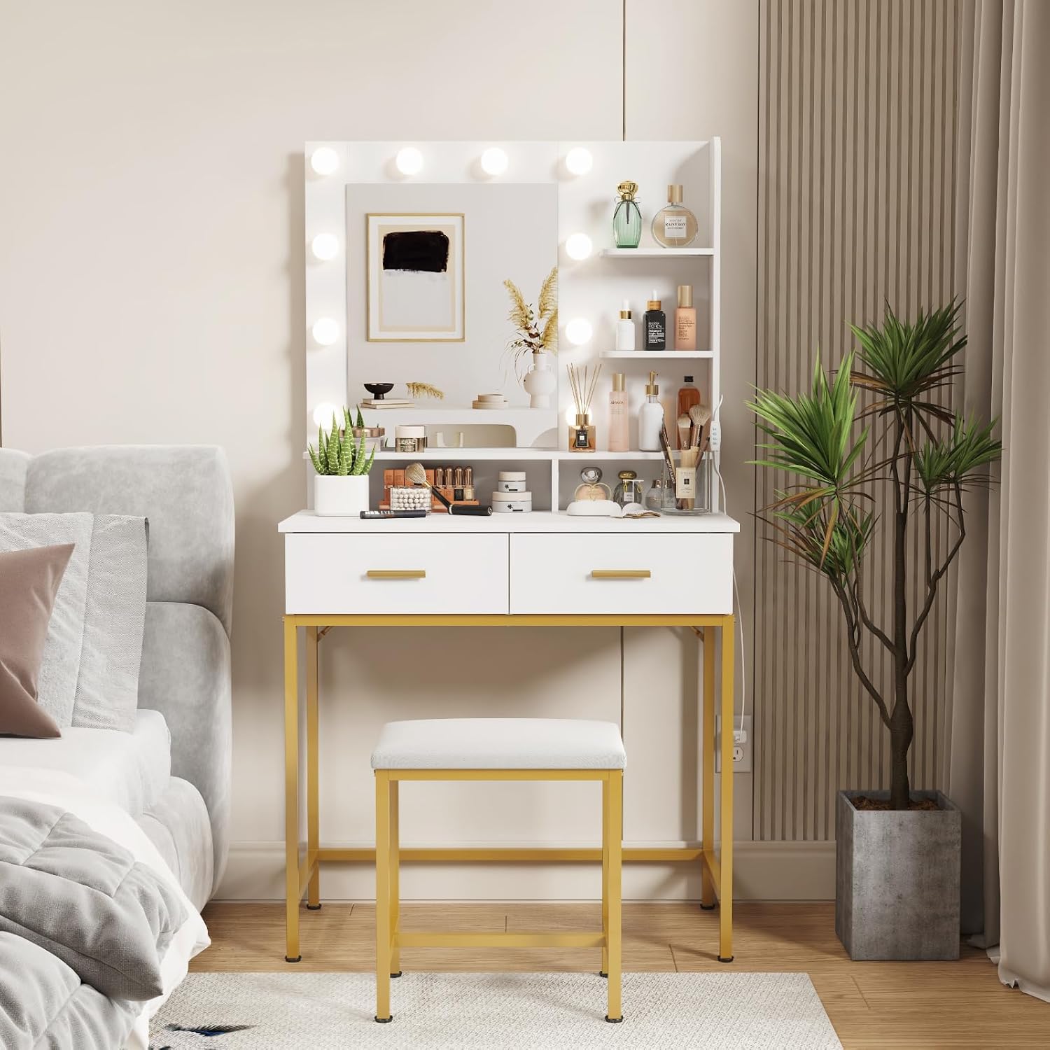 White Vanity with Mirror, Lights, and Gold Legs