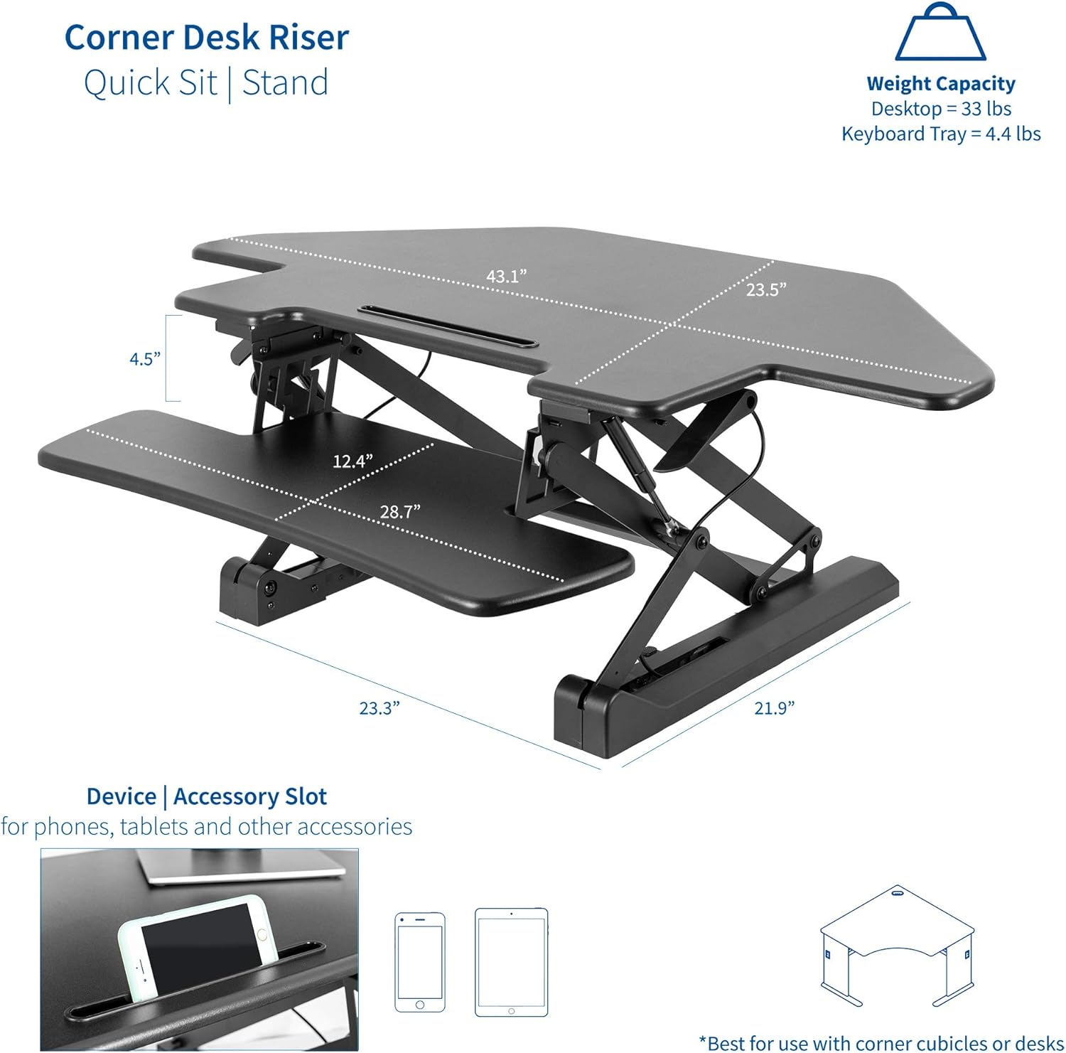 VIVO Black Corner Deluxe Height Adjustable 43 inch Standing Desk Converter, Sit Stand Tabletop Monitor and Laptop Riser Workstation, DESK-V000DC : Office Products