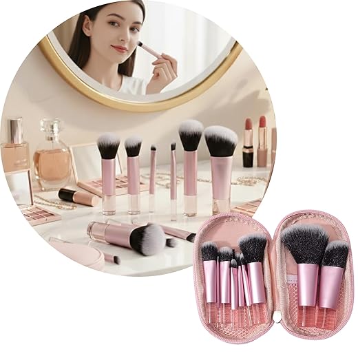 STYD Kit 10 Pincéis de Maquiagem com Estojo Portátil, Cerdas Sintéticas Macias para Base, Pó, Blush, Corretivo e Sombras, Travel Size (Rosa)