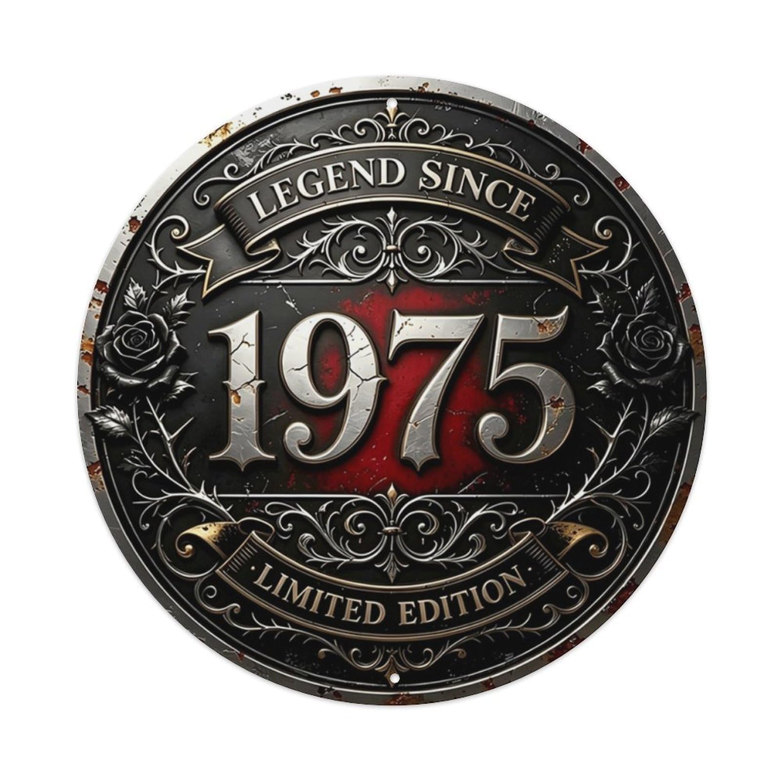 Ldfuieksufg Style Round Vintage Legend 1975 Rose Decor Wall Plaque Limited Edition Vintage Aluminium Metal Sign, Retro Wall Decor For Home, Bar, Garage & Farmhouse 20X20cm