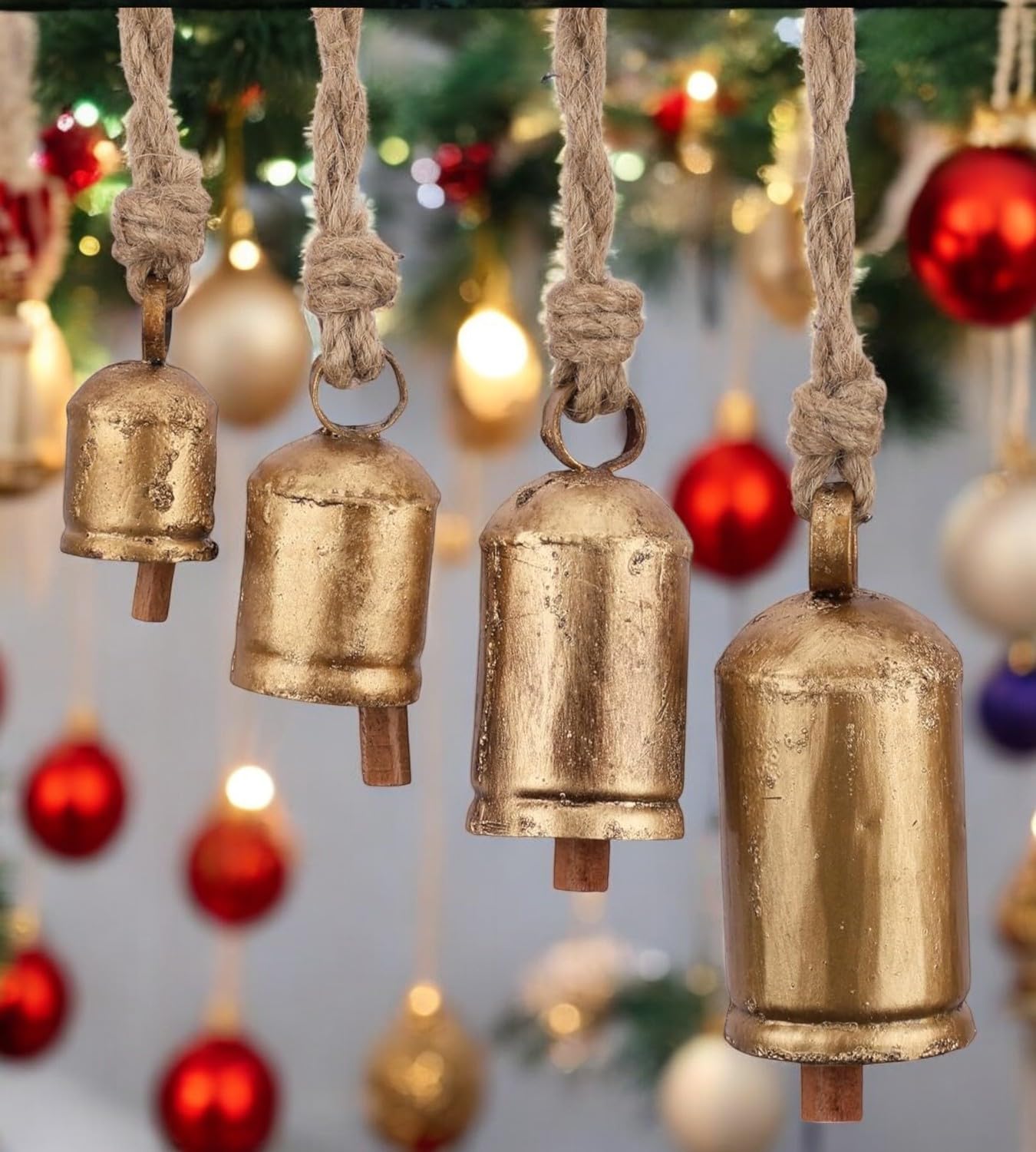 75 Pcs Gold Christmas Jingle Bells Garland DIY Kit - Assorted Sizes With Ribbon And Rope For Tree Ornaments