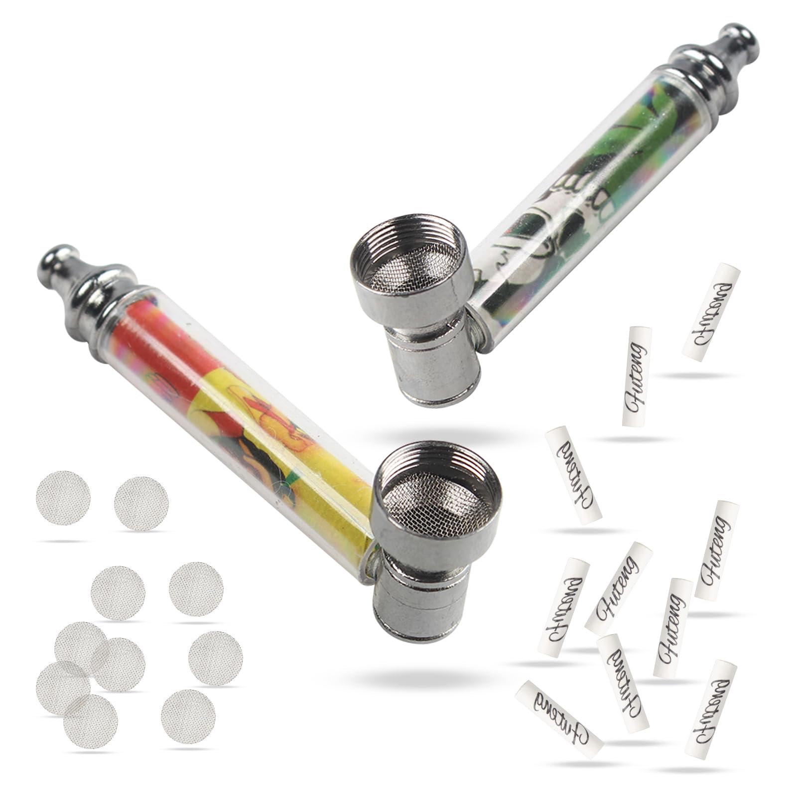Zestaw 2 fajek, przenośny mini uchwyt na fajkę z 10 filtrami ze stali nierdzewnej i filtrem z węglem aktywnym 10 x 6 mm, fajka do palenia wyrobów tytoniowych