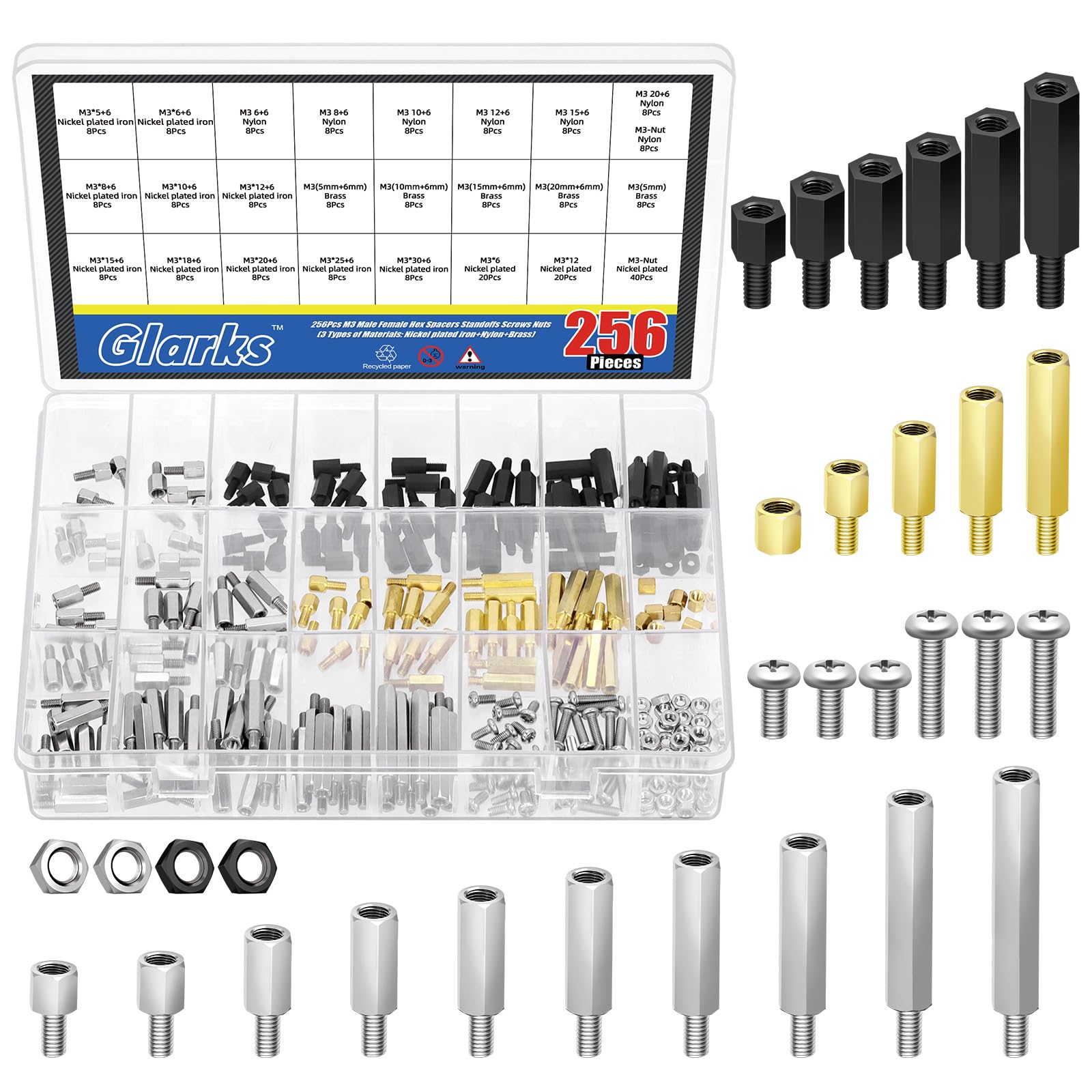 Glarks 256pcs M3 Carbon Steel & Nylon & Brass Standoff Set Hex Mount Spacer Motherboard Spacer Male-Female Spacer Standoff with Pan Head Screw Nylon Screw Nut and Hex Nut for PCB Quadcopter Drone