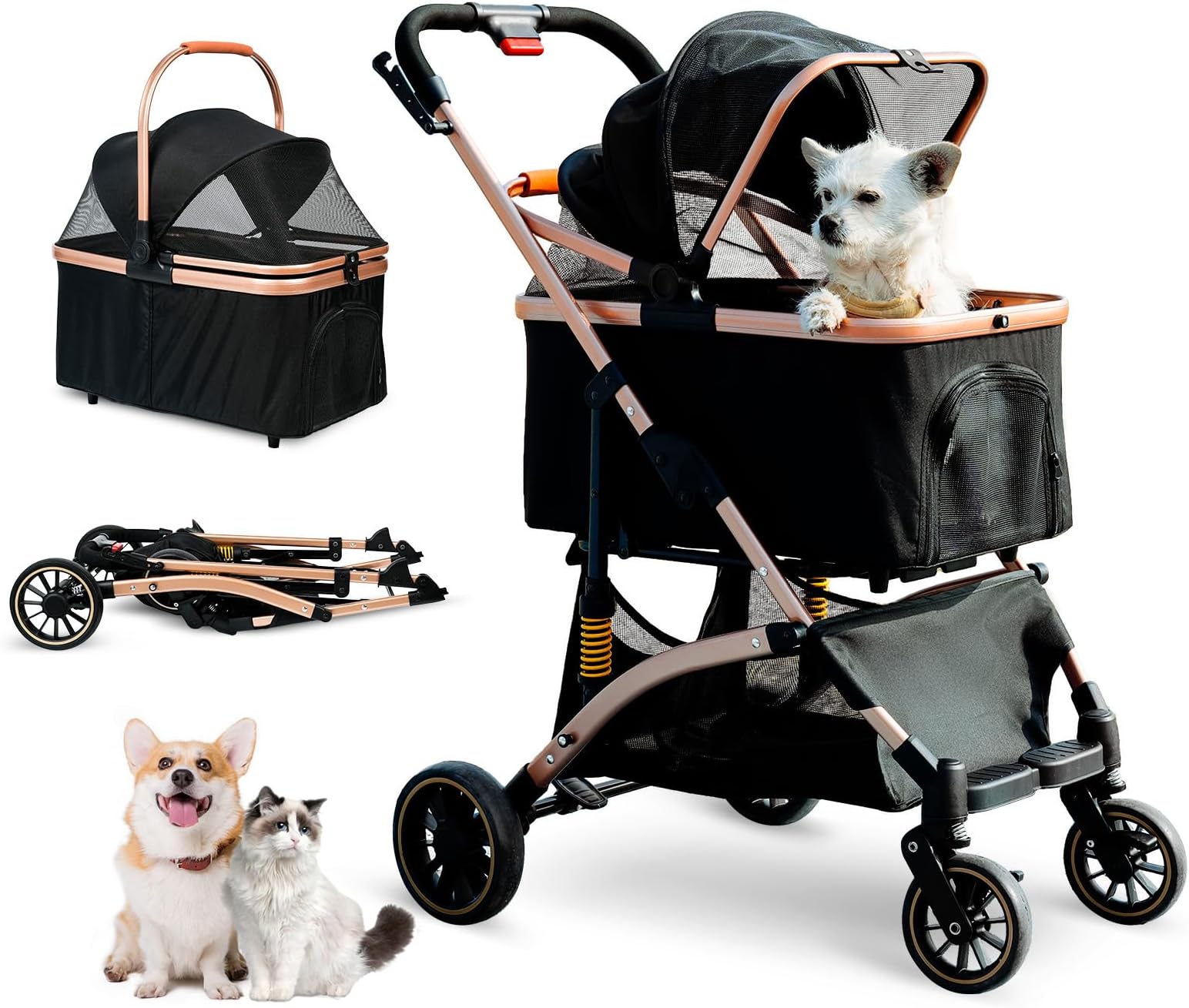 Pet Stroller, Dog Strollers with Removable Carrier, Pet Stroller for Cats and Small and Medium Dogs, 4 Wheels Travel Jogger for Puppies, Pet Gear Stroller with Large Storage Basket, Black