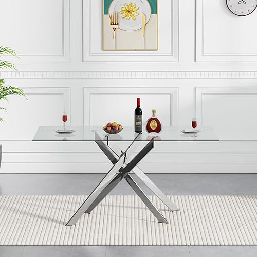 Miniatura 214 de Mesa de comedor de cristal de 51 pulgadas para 4, mesa de comedor rectangular contemporánea con parte superior de vidrio templado y patas de acero