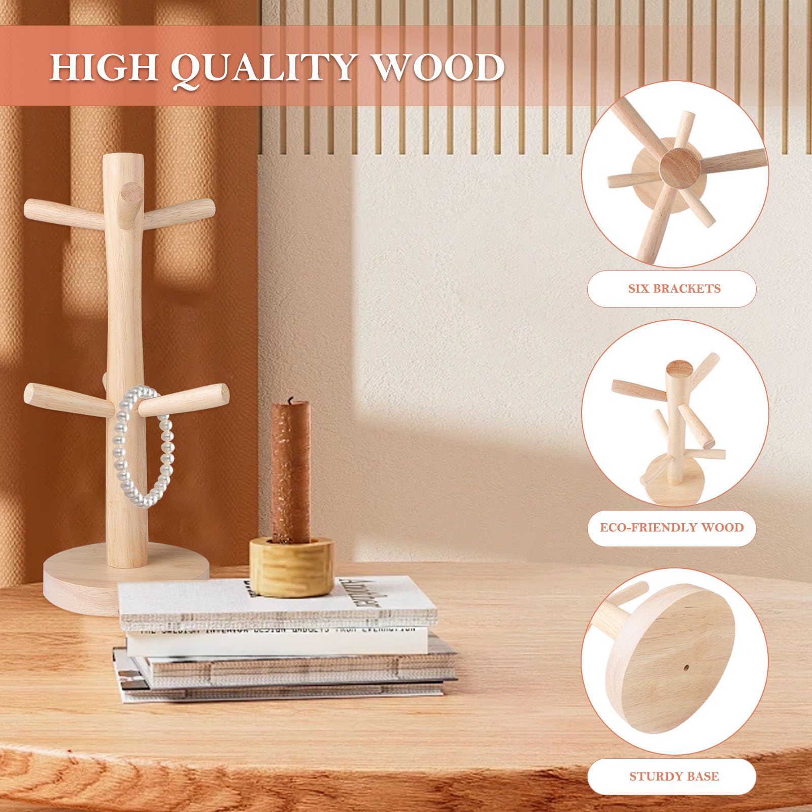 Arbre à Tasses En Bois – 6 Bras Amovibles, Support à Bretzel – Rangement Pour Cuisine, Bureau, Design Naturel