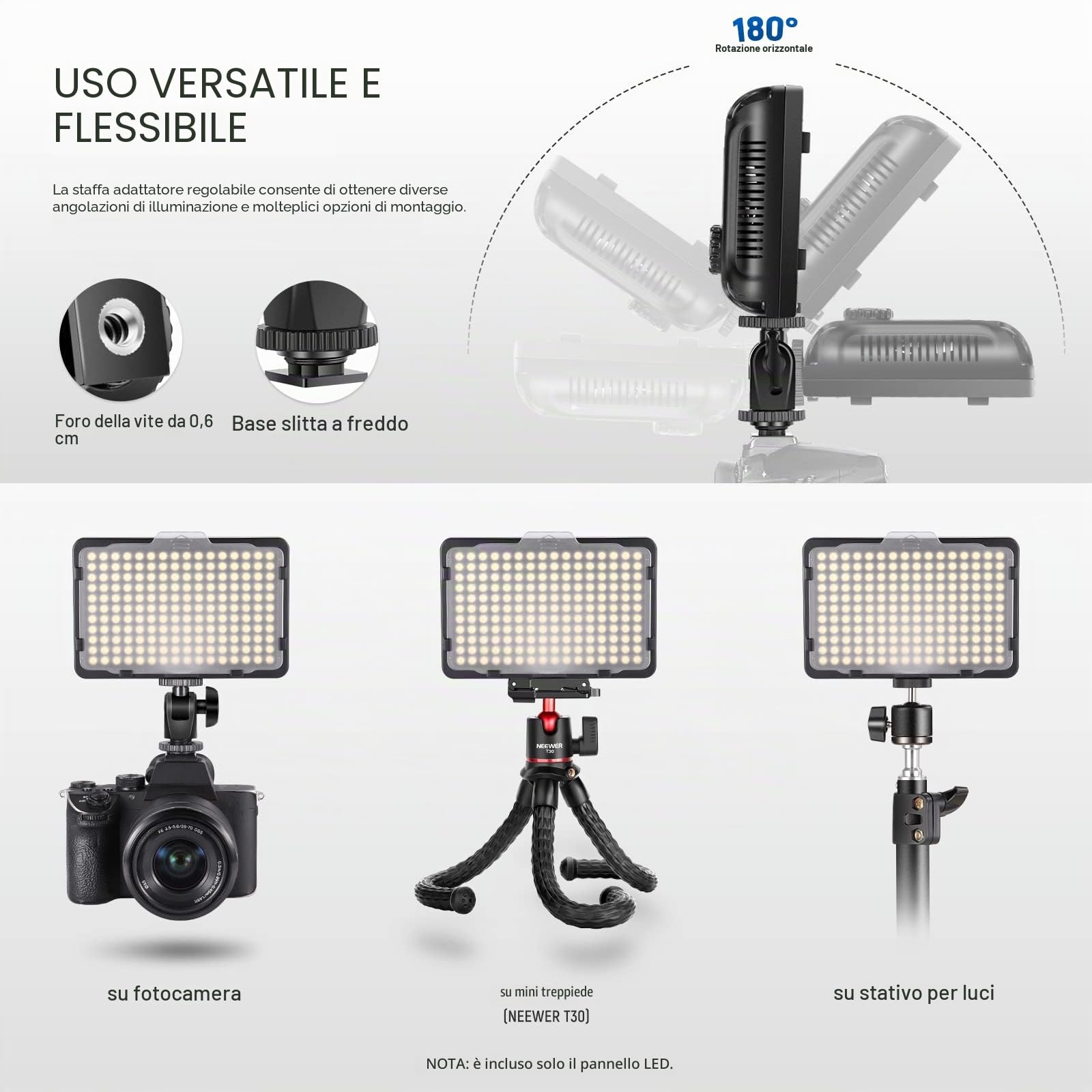 Neewer Pannello Luce LED 176 Bulbi Ultra Luminosa Dimmerabile 3200-5600K On-camera con Filettatura 1/4”di Montaggio per Reflex Canon Nikon Pentax Panasonic Sony Samsung Olympus ecc.