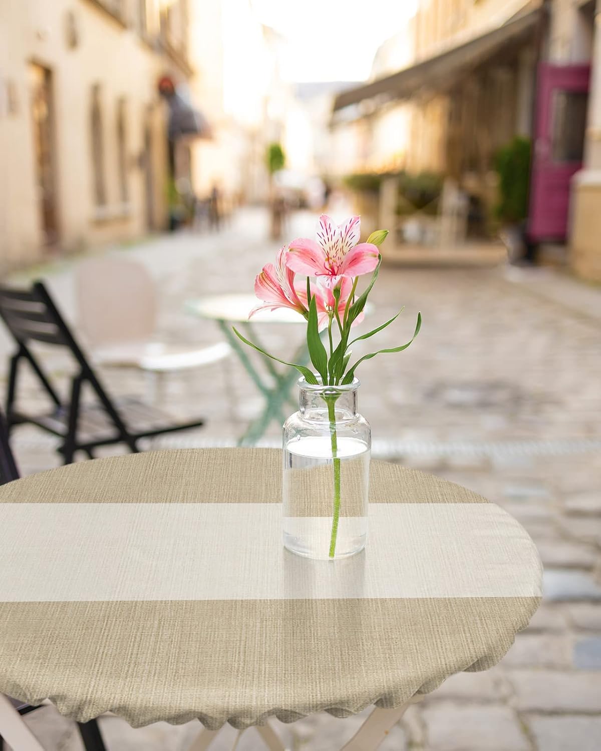 Fitted Tablecloth for Round Table,Khaki Beige Vintage Linen Table Cover with Elastic Edge Waterproof Table Cloth,Retro Farm Minimalist Art Circle Table Covers for Kitchen Indoor Outdoor 45-54in