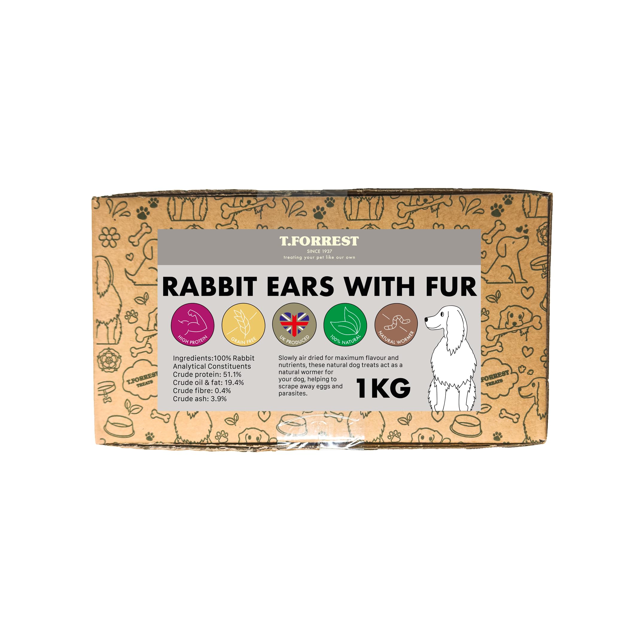 T.Forrest Natural Rabbit Ears with Hair for Dogs 1kg - Furry, Single Ingredient, Long-Lasting Healthy Dog Chew Treats