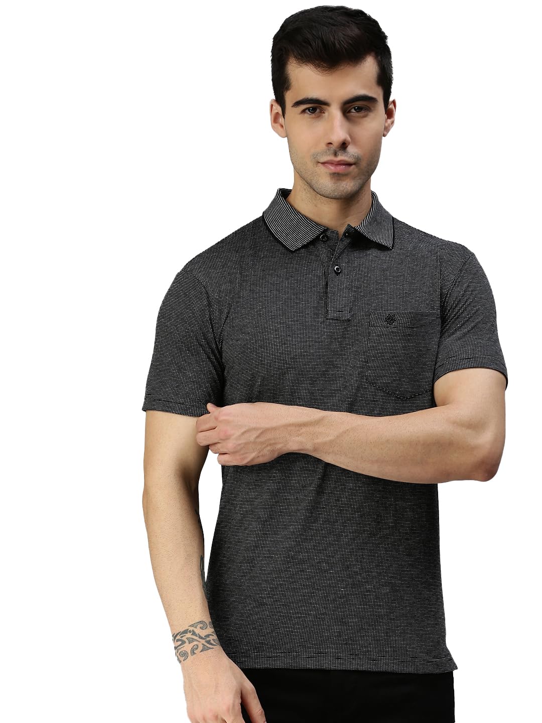 onn Men's Black Melange Half Sleeves Polo Collar T-Shirt with Pocket (Size : Large)-picture-10