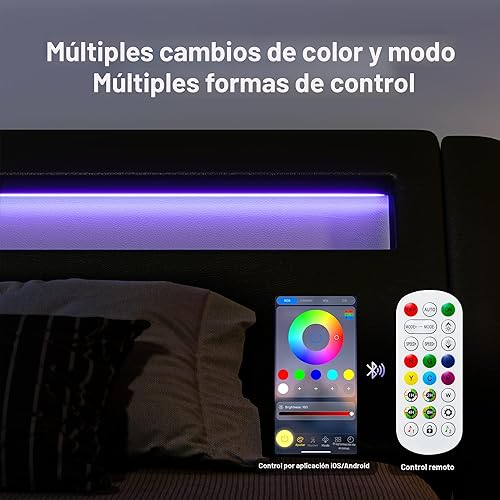 Miniatura 5 de Allewie Base de cama con plataforma LED tamaño King con cabecera ajustable no necesita somier fácil montaje piel sintética en color negro