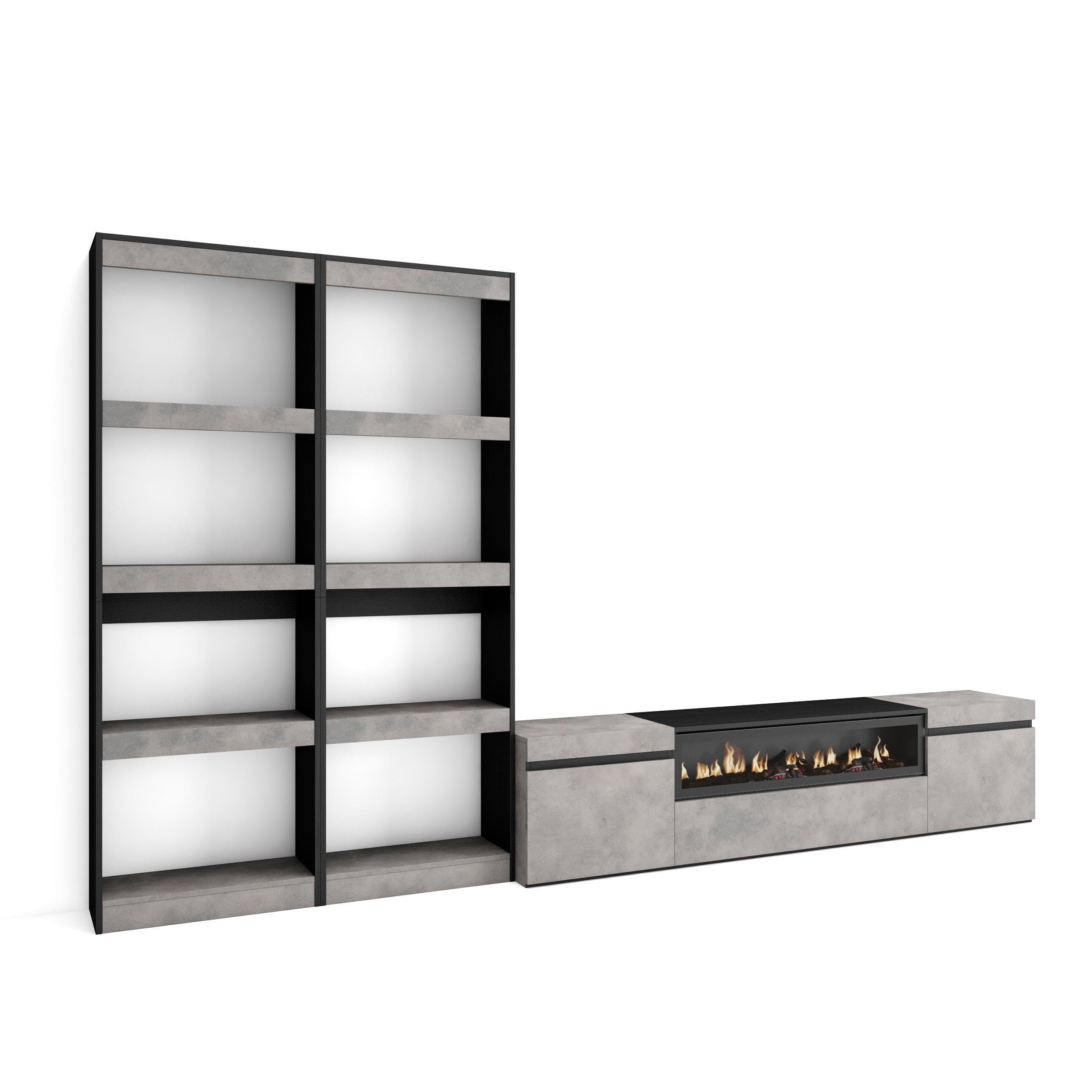 Skraut Home | Muebles de Salón para TV | Conjunto de Muebles Comedor | 320x186x35cm | para TV hasta 80" | Chimenea eléctrica | Estilo Moderno | Cemento