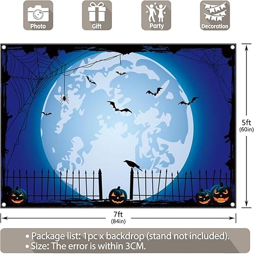 Miniatura 3 de Swepuck Fondo de fotos azul de Halloween de 7 x 5 pies para fiestas, parche de calabaza grande, imagen de luna, fondo de fotografía de bruja para