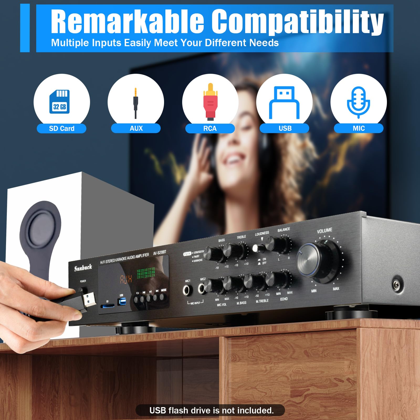 Audio Leistungsverstärker, 600W Stereo Receiver mit Fernsteuerung, SD, USB, RCA, AUX, 5.0 Bluetooth, 5.1-Kanal, 2 Mikrofon Anschlüsse, für Heimkino, Karaoke-Partys