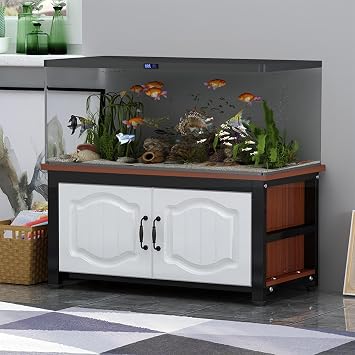 55-75 Gallon Fish Tank Stand, Metal Frame Aquarium Stands, with Storage Cabinet for Fish Tank Accessories Storage, for Home Office Black + Teak 8045x50cm