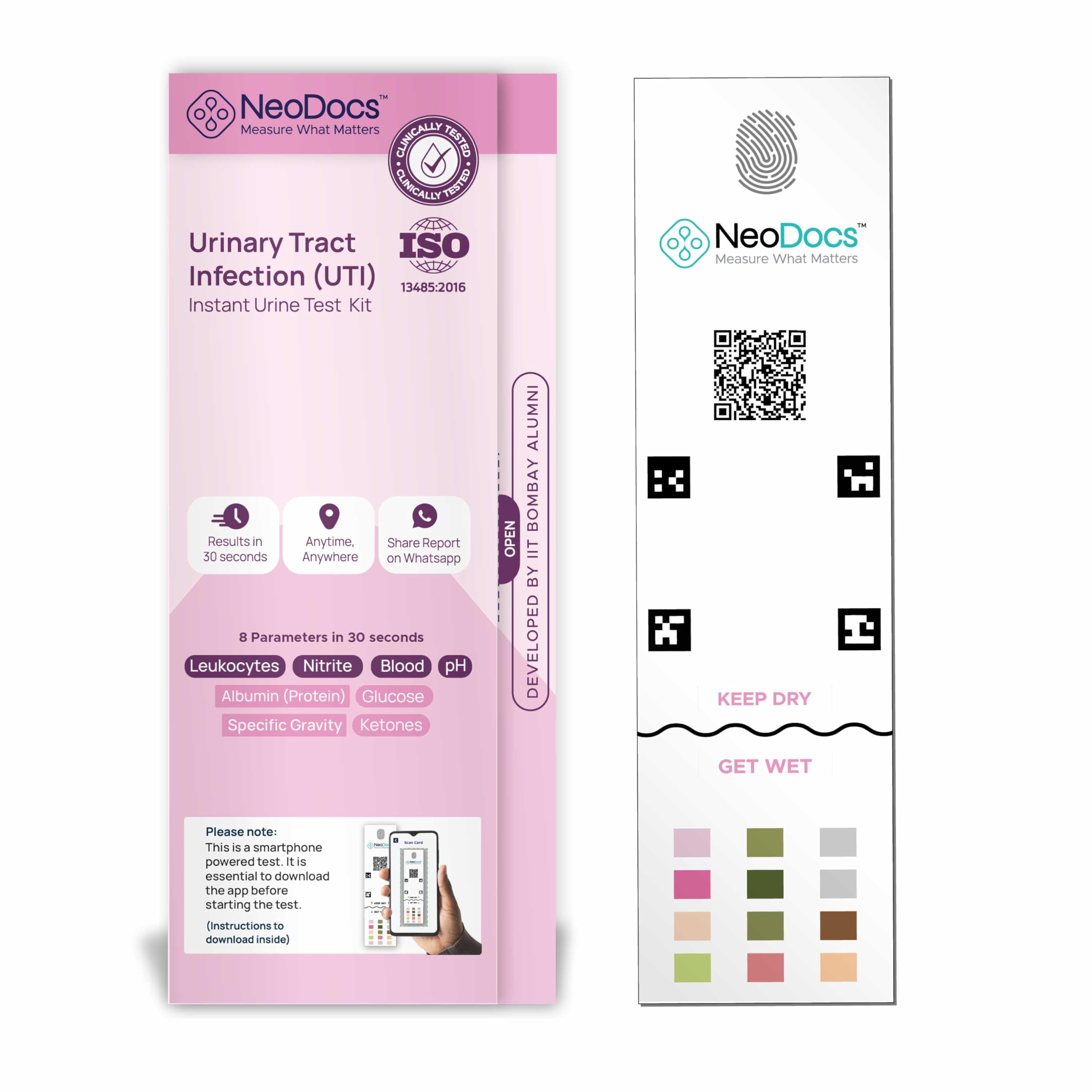 Neodocs UTI test kit for women | At home test | Results in 30 seconds on any phone | Track Leukocytes, Nitrites, Blood, pH and 4 other Parameters | (Pack of 1)