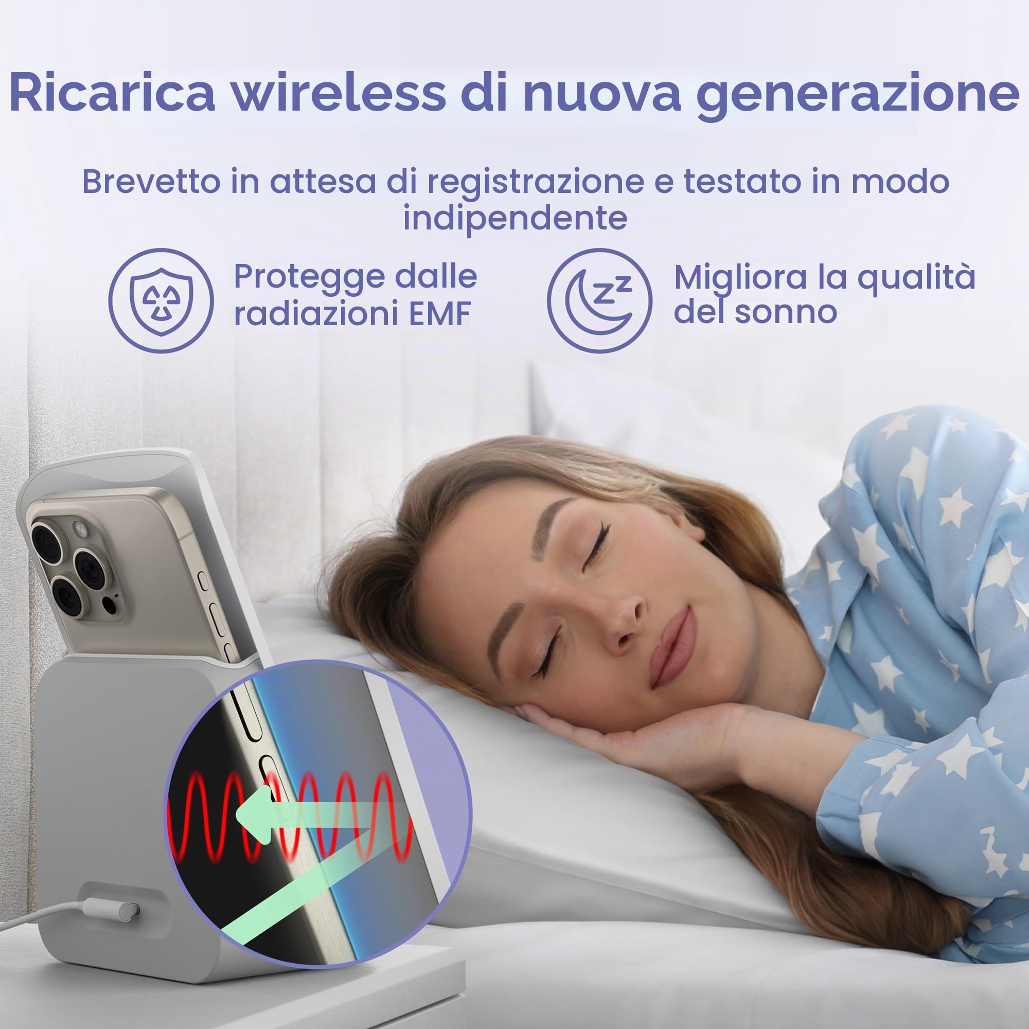 Elvy, caricabatterie wireless Qi veloce per telefoni cellulari, progettato con tecnologia di gestione EMF per una ricarica avanzata, schermatura ambientale avanzata (bianco neve)