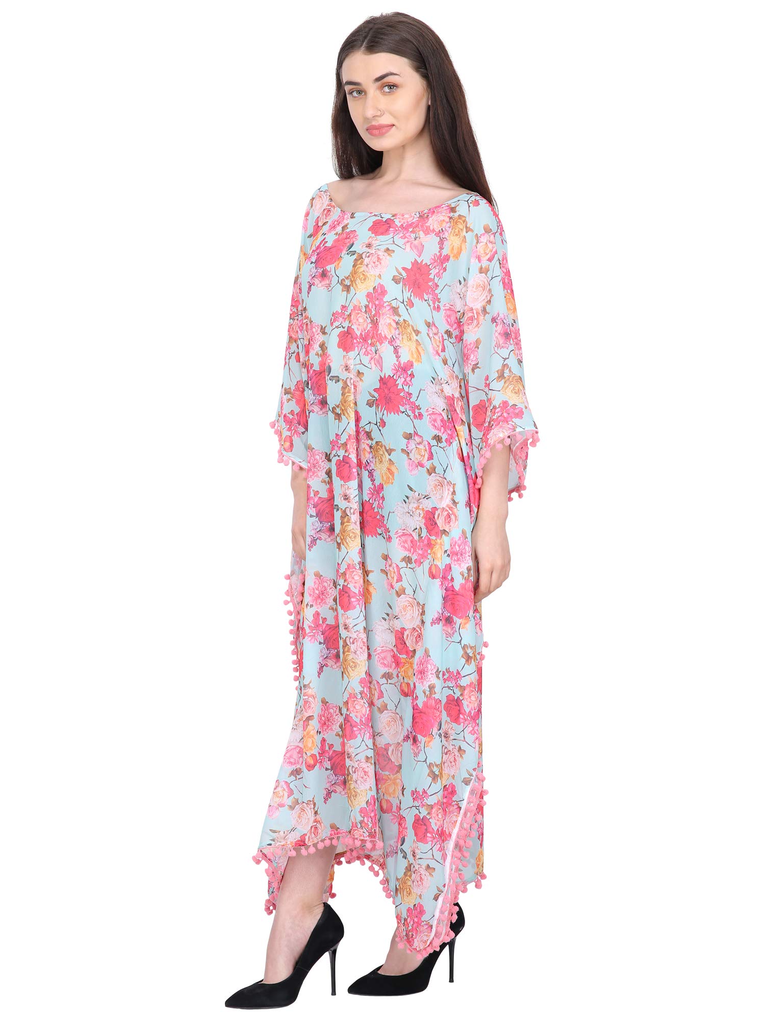 InTrend ForeverDigital Floral Printed Georgette Kaftan Maxi Dress with Pom Pom Lace Beach Cover Up Kimono Sarong Cape Style Free Size for Women