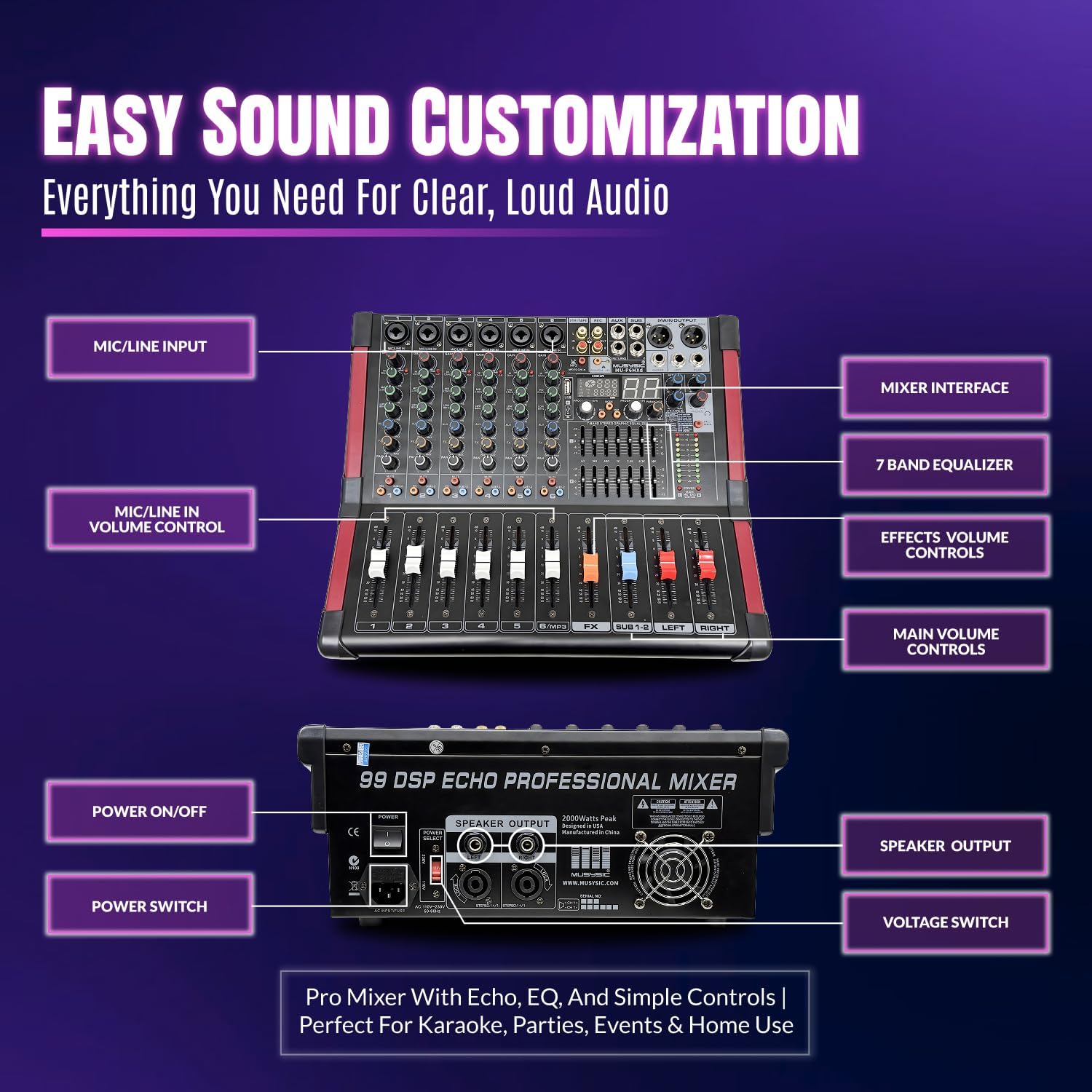 MUSYSIC Portable PA System with Wireless UHF Microphone, 12" Powered PA Speakers, Party DJ Speakers, 2000W Built-in Amplifier w/6 Channel Audio Mixer System, 1000W Powered Speaker, Dual Tripod Stands