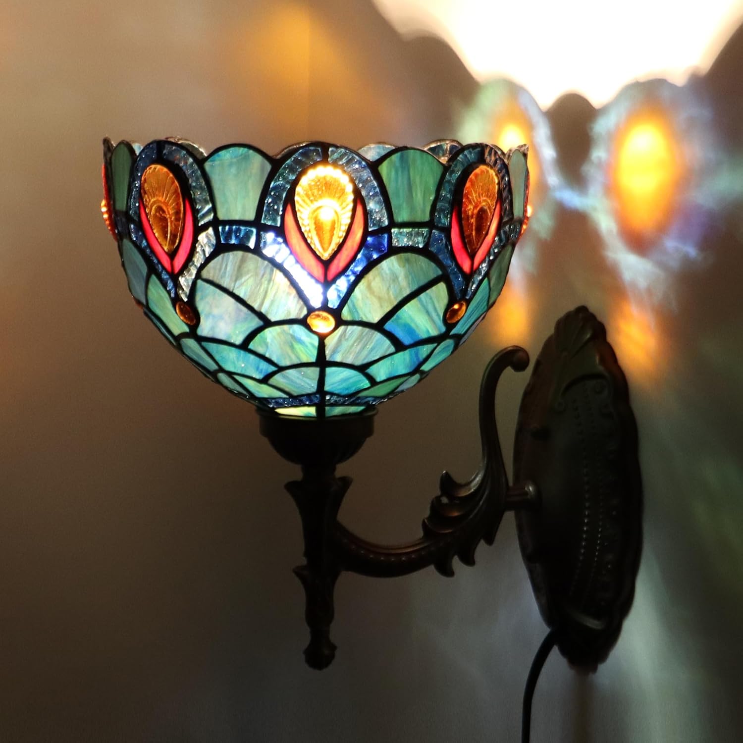 Tiffany Sconce Lamp Stained Glass Wall Lamp,8X10.5X11 Inch Plug in Wall Bedside Light for Hallway Bedroom (Brown Crystal)