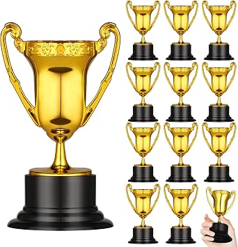 GeeRic 12PCS Mini Trophies Gold Trophy Plastic with Base Trophy Cups Winner Medals for Party Decoration/Competition/Sports/Activity/School Award/Party Favors
