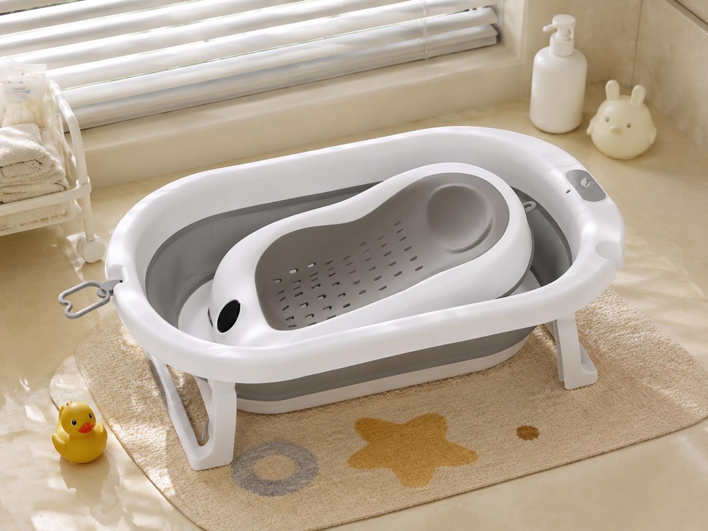 Bañera plegable para bebé con termómetro impermeable integrado, marco reforzado estable sin tambaleo, drenaje rápido, soporte de base aislante, bañera redonda ergonómica para bebé