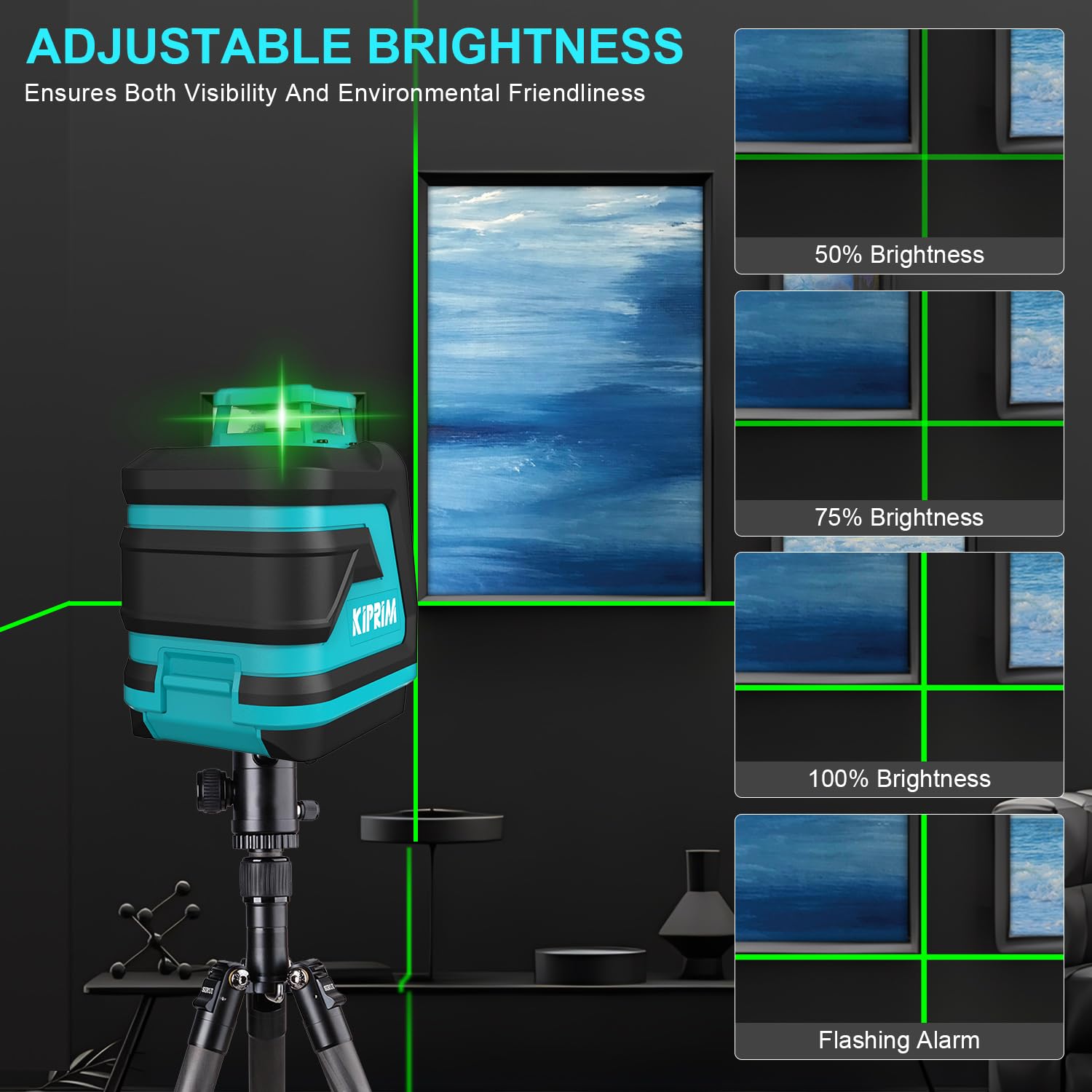 Nivel Láser, Kiprim LV8D Laser Autonivelante Verde con 3 Modos(Autonivelación, Manual y de Pulso), 5 Líneas Láser, Tiene Mayor Visibilidad y Brillo Ajustable, Pilas y Estuche de Transporte Incluidos