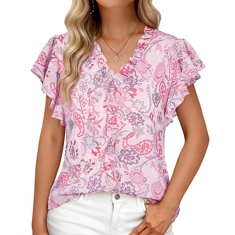GRACE KARIN Top estivo da donna a maniche corte con volant casual vestibilità ampia floreale tunica camicetta elegante camicia boho top