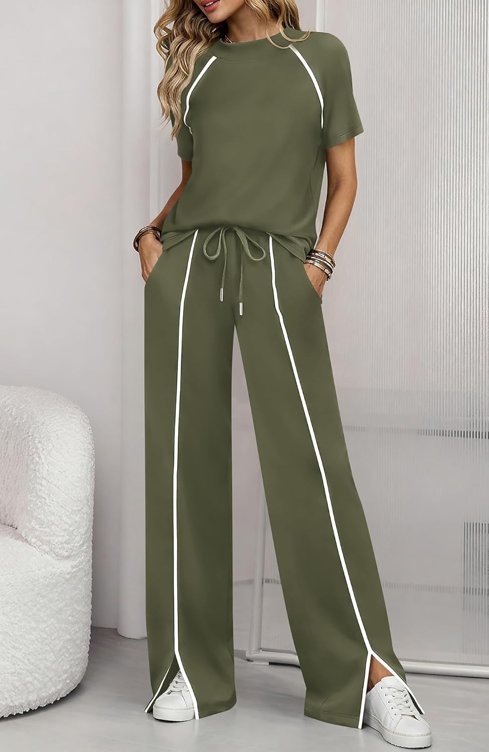 BTFBM Casual Two Piece Sets For Women Summer Outfits Solid Matching Sweatsuit Lounge Set Wide Leg Pants Workout - Image 6