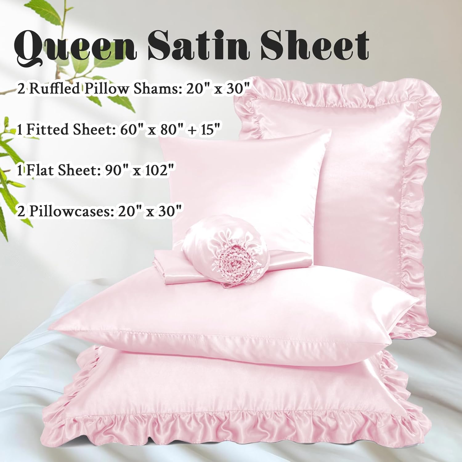 Homiest Ruffled Satin Sheets Queen Size 6pc Set - Blush Pink Bed Sheet Set with 15 Inch Deep Pocket Fitted Sheet, 1 Flat Sheet, 2 Ruffled Pillow Shams & 2 Pillowcases, Similar to Silk Sheets