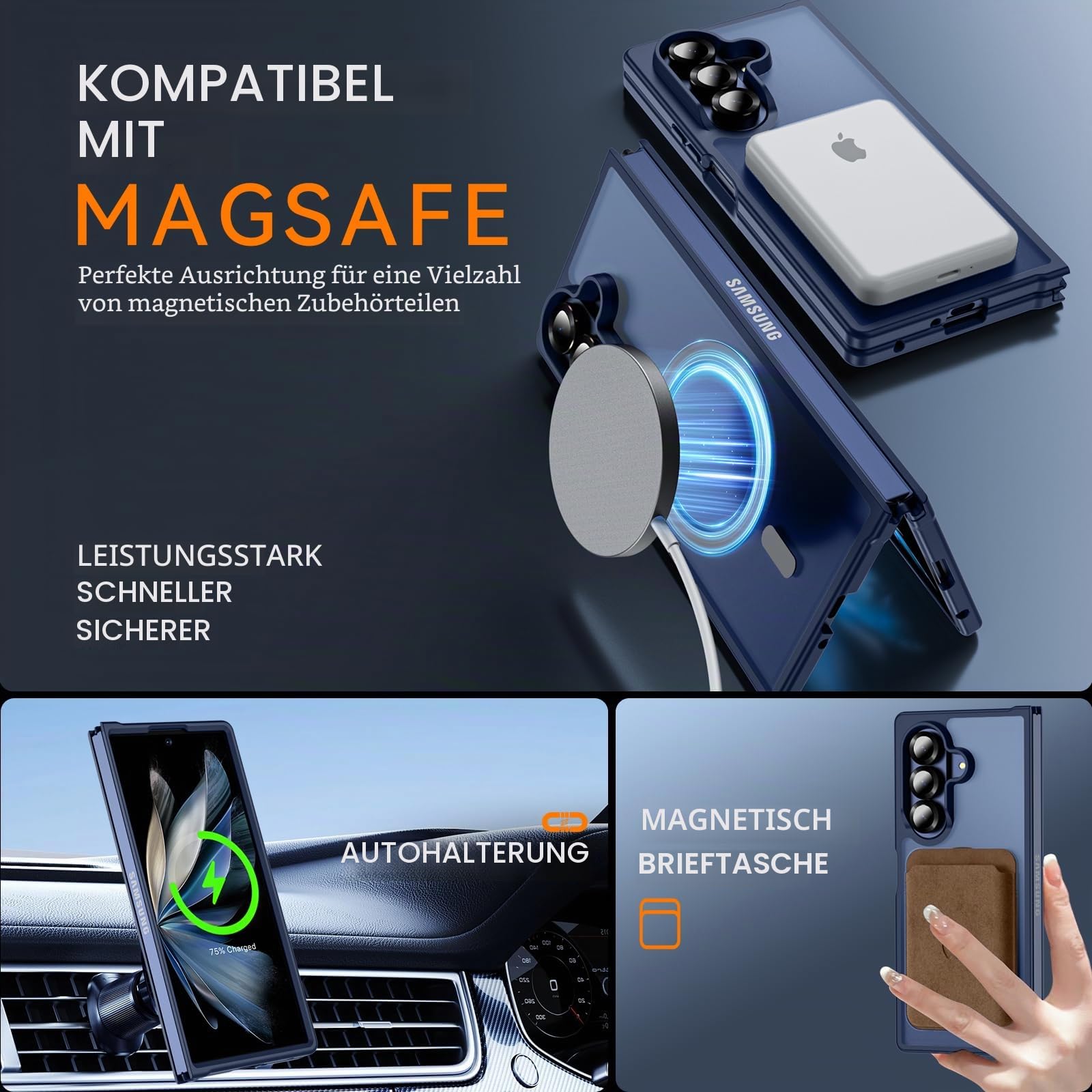 Hensinple Schutzhülle für Samsung Galaxy Z Fold 7, magnetisch, Z Fold 7 Hülle [kompatibel mit MagSafe], transparent, schmale Passform, stoßfest, hartes Polycarbonat, robust, Anti-Vergilbung, Blau
