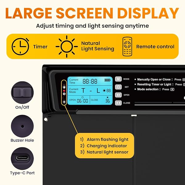 Extra Large Automatic Chicken Coop Door Solar Powered with Remote – LCD Display, Light Sensor, Timer & Anti-Pinch Function – 28.7 cm x 22.1 cm Door Opening – 5-Year Protection – Black – by Okköbi - 5