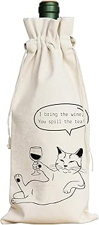 PurpleEssences Wine Gift Bag Reusable - Natural Cotton Linen Bottle Cover for Weddings, Engagements, New Job & Housewarming Gifts 12.9 X 5.6 Inch - Set of 1 - Cat