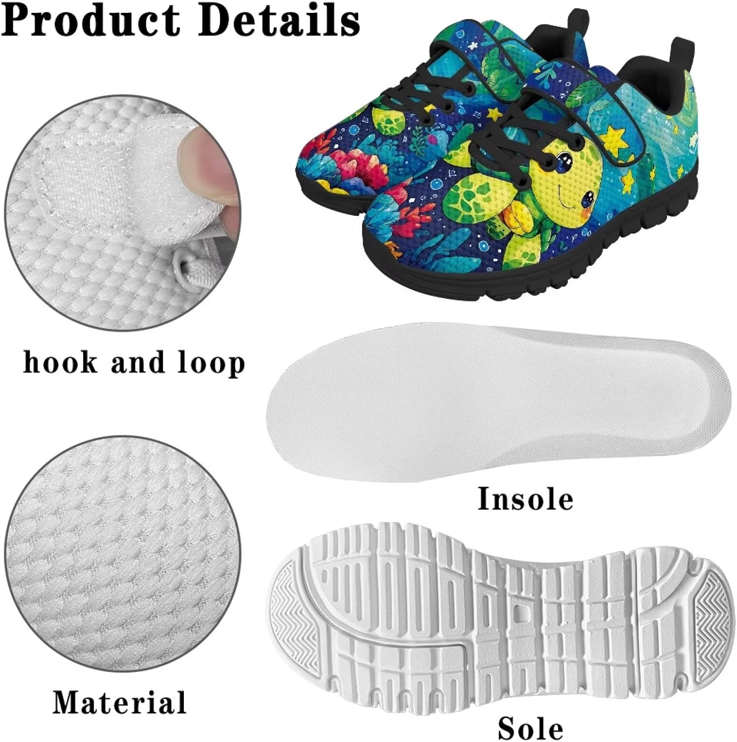 Girls Athletic Shoes with Hook and Loop Cute Print Breathable Mesh Tennis for Little Kid/Big Kid US 10.5-2.5