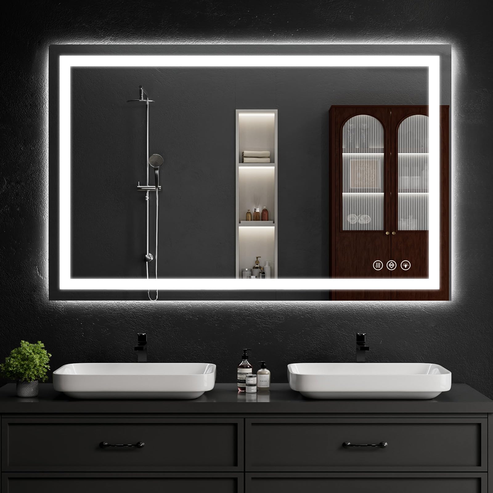 WISSMIELS 36"x55" LED Bathroom Mirror with Lights, Dimmable，Anti-Fog，Bathroom Vanity Mirror for Wall, Backlit + Front Lit, Memory Function, Shatter-Proof，Tempered Glass