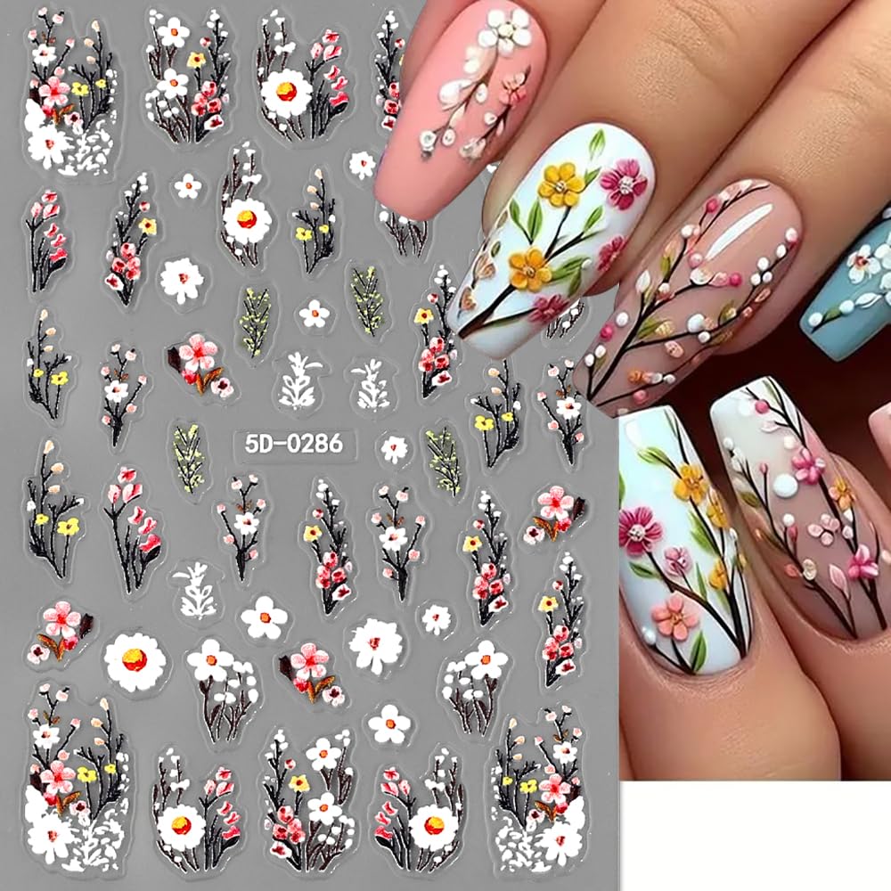 Plum Blossom Flower Nail Stickers Flowers Nail Art Stickers White Pink Floral Nail Decals Spring Summer Relief Flower Sticker Nails for Women Nail Art