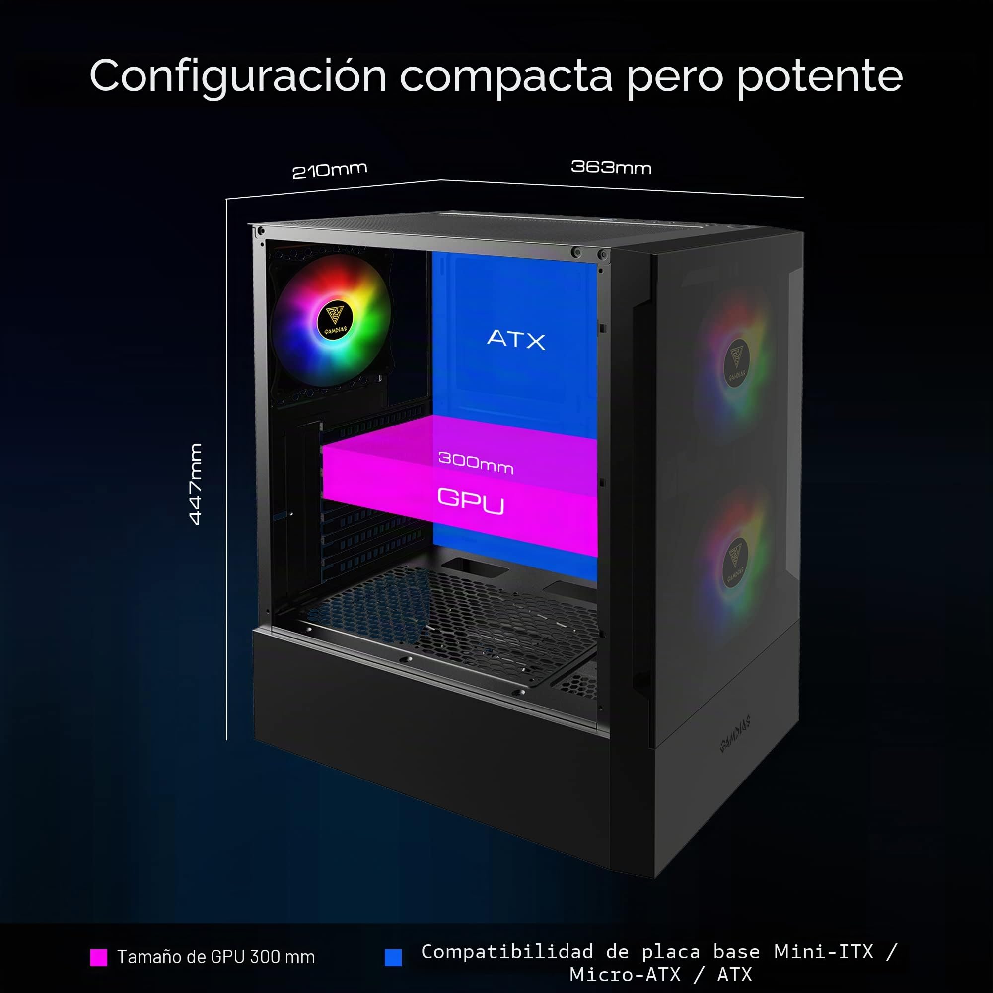 GAMDIAS TALOS E3 Caja para PC ATX Mid Torre, 3 Ventiladores ARGB 120 mm, Panel Vidrio Templado sin Herramientas, Soporte ATX, Diseño con Cubierta de PSU, Negro