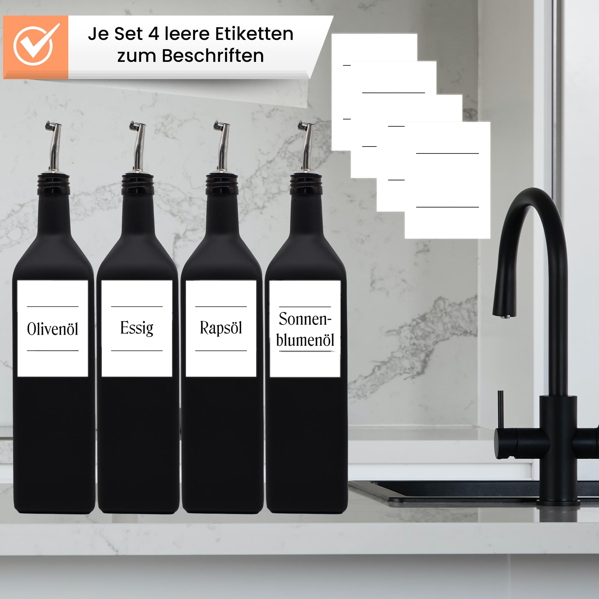 Generisch Ölflaschen 1 Liter schwarz-matt zum Befüllen mit Edelstahl-Ausgießer - wasserfeste Etiketten - Made in Germany - mit Deckel - langlebig (Ausgießer)