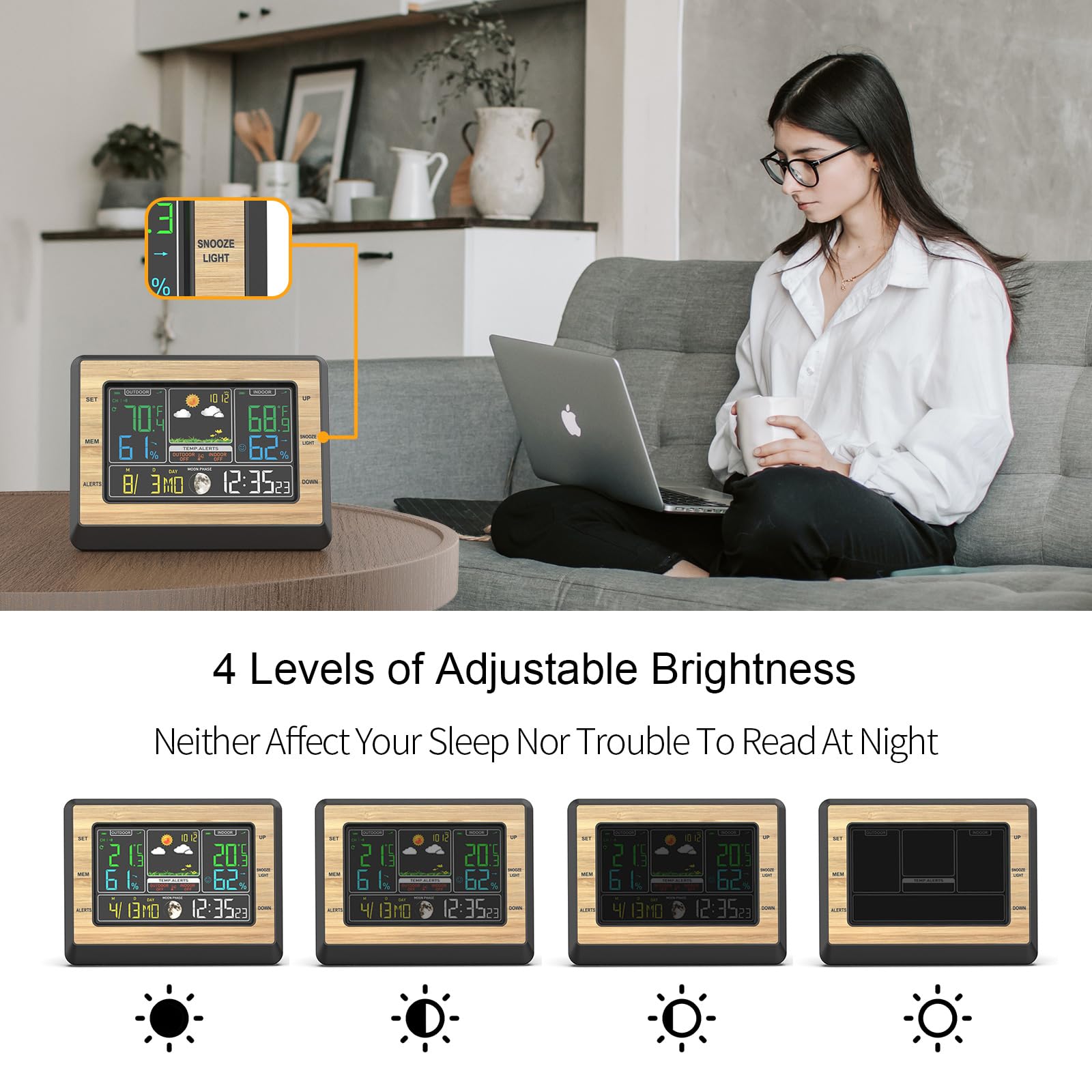 Digitales LCD-Thermohygrometer Uhr mit Funk-Sensor Einstellbarer Helligkeit Alarm bei Grenzwertüberschreitung Wettervorhersage Temperatur- und Feuchtigkeitsanzeige für Hause Drinnen Draußen
