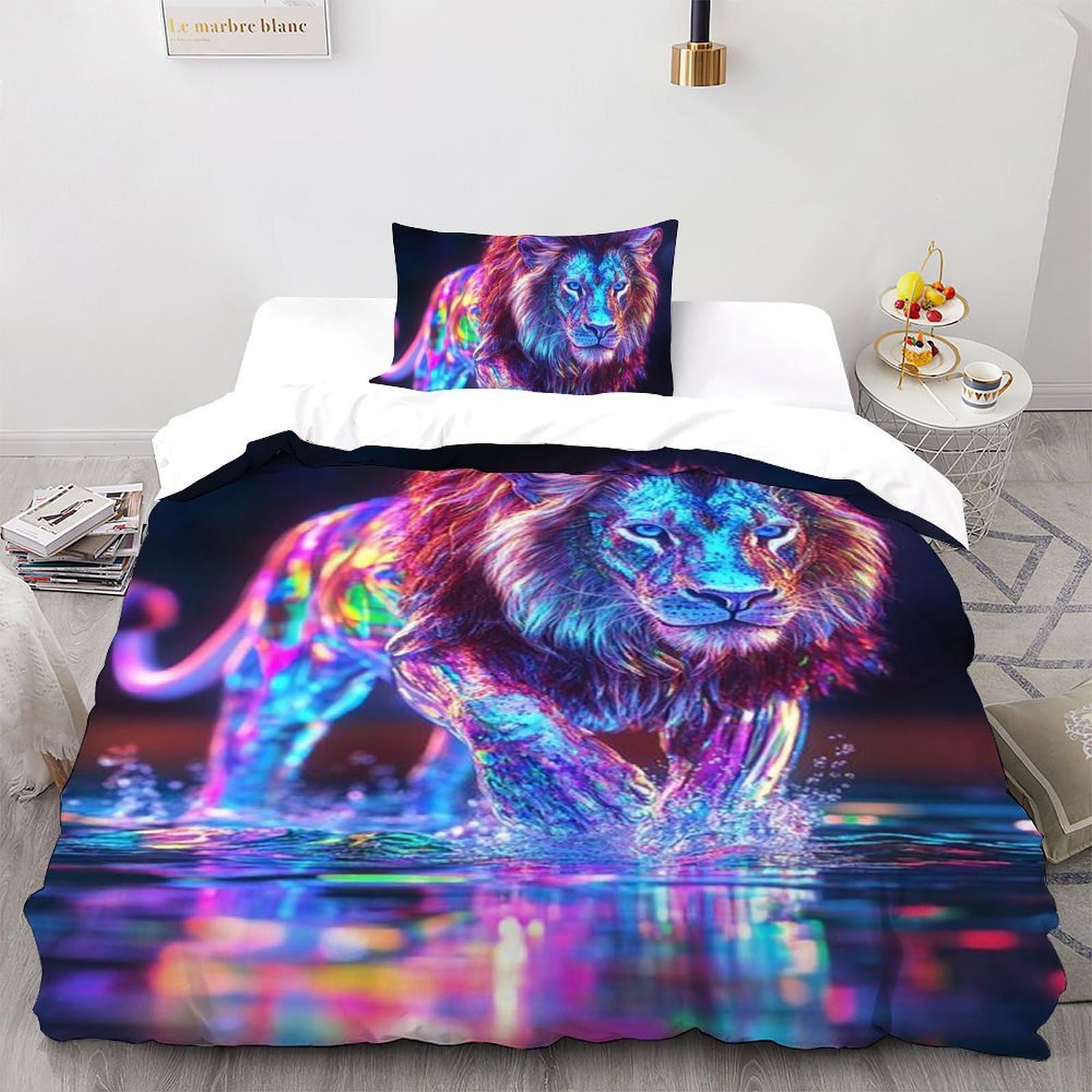 Literie microfibre animaux imprimé 3D lion coloré avec taies d'oreiller